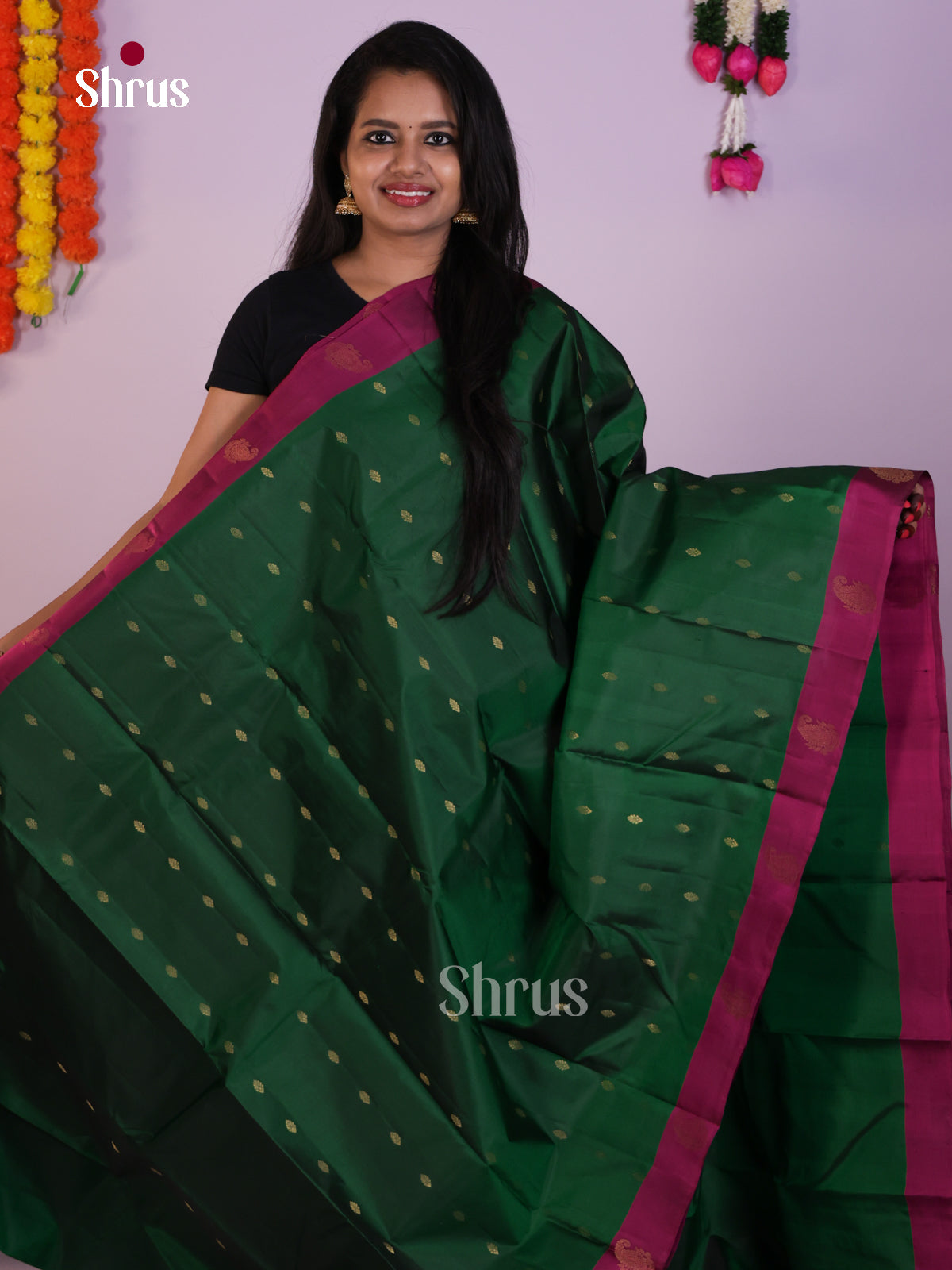 Dark Green Silk Saree With Gold Buttas & Purple Brocade Pallu