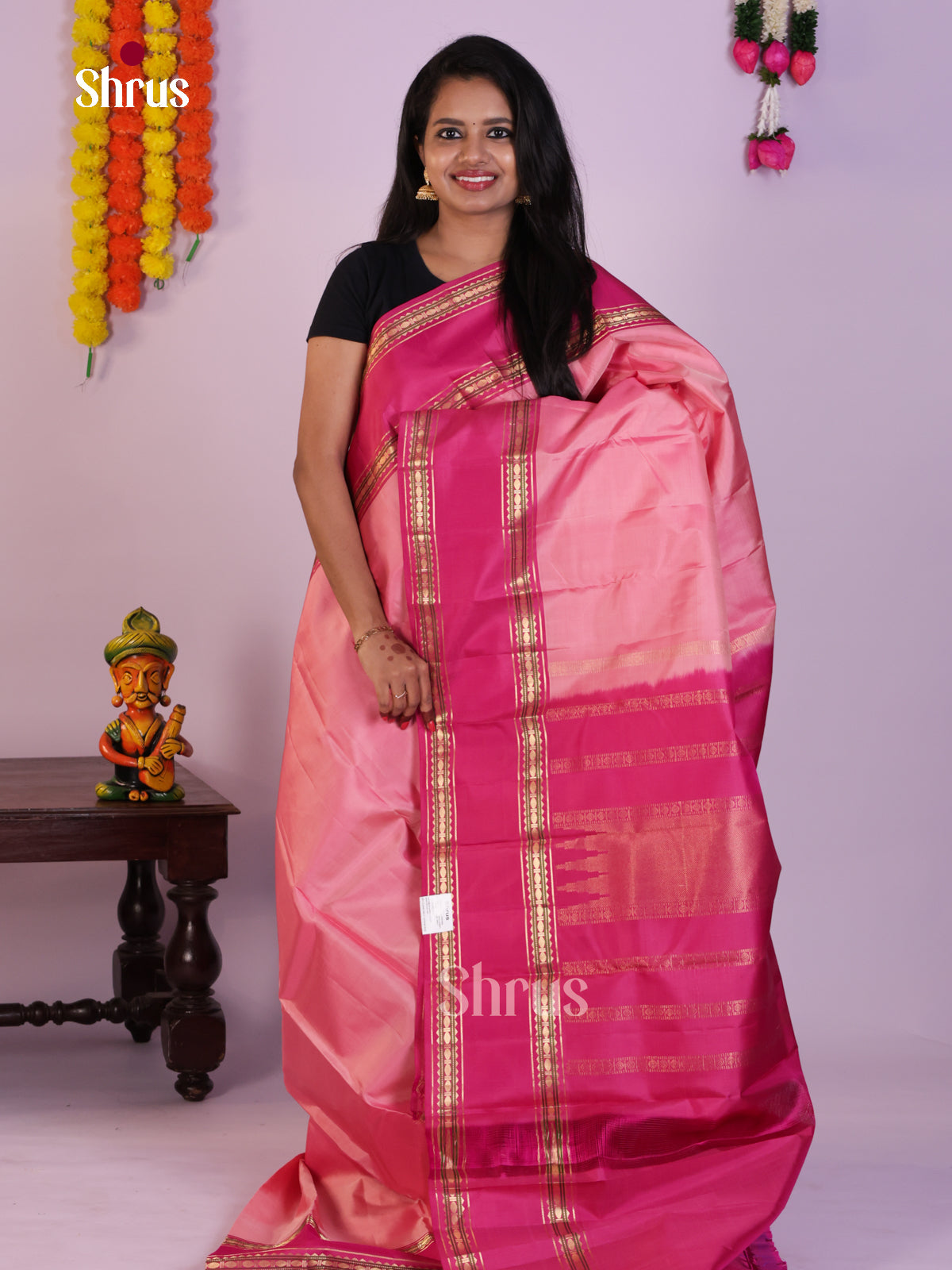 Pretty Light Pink Kanjivaram Saree with Dark Pink Rettaipet Border