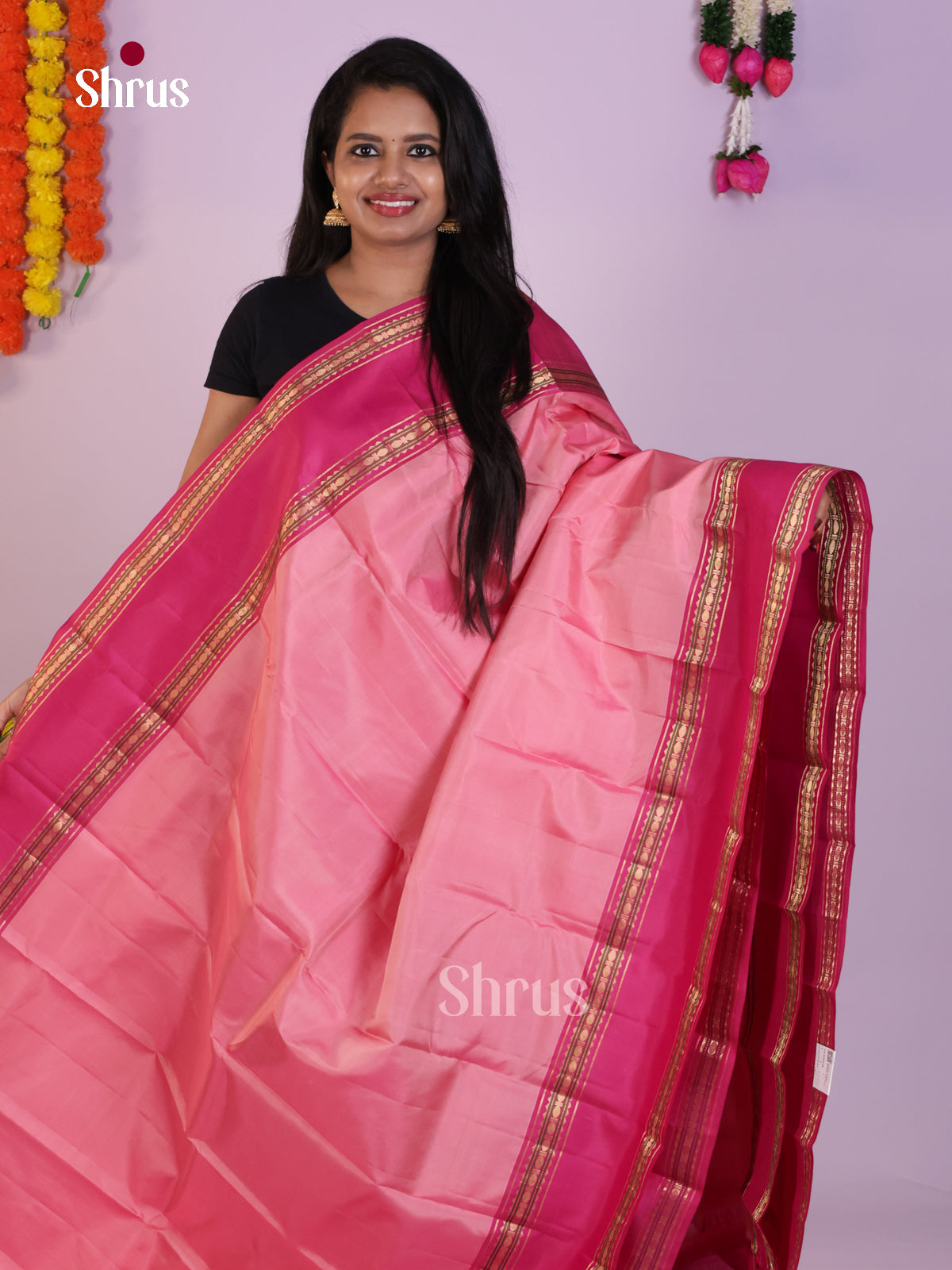 Pretty Light Pink Kanchipuram Silk Saree with Dark Pink Rettaipet Border