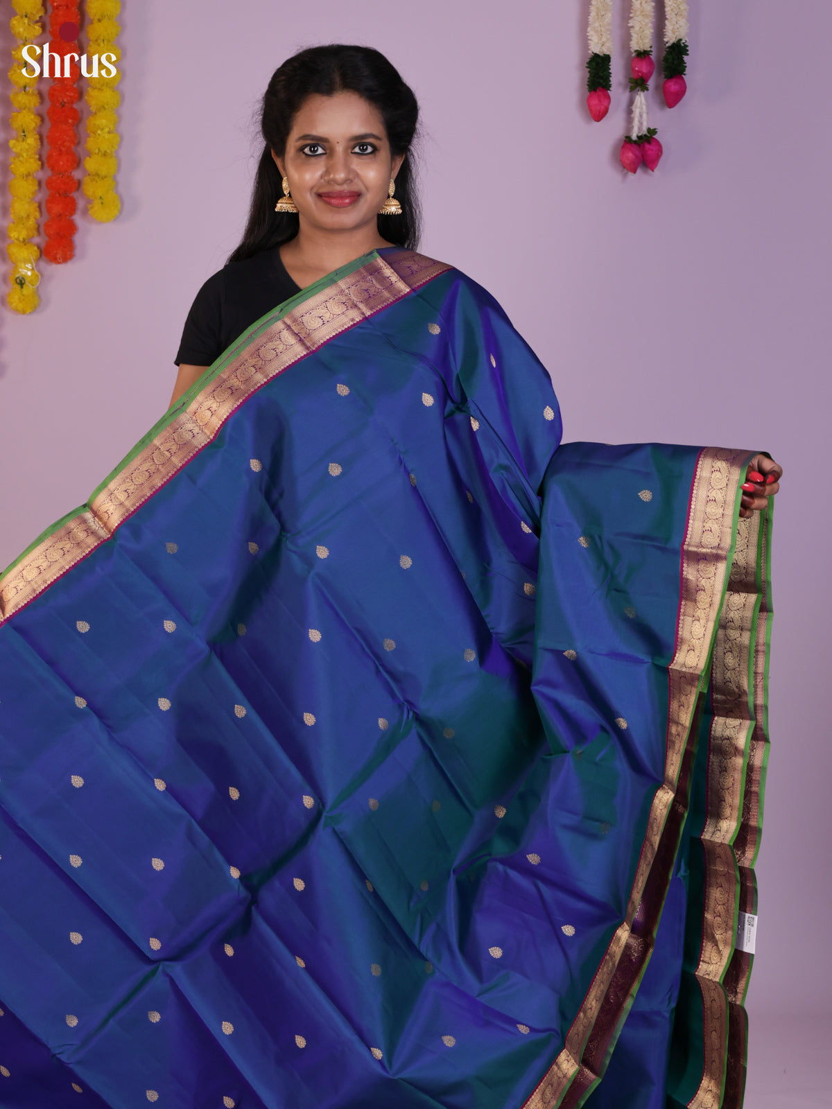 Blue Silk Saree with Small Buttas & Purple Zari Pallu