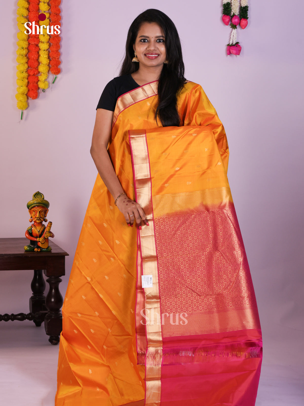 Radiant Mustard Yellow Kanjivaram Silk Saree With Zari Buttas & Pink Pallu