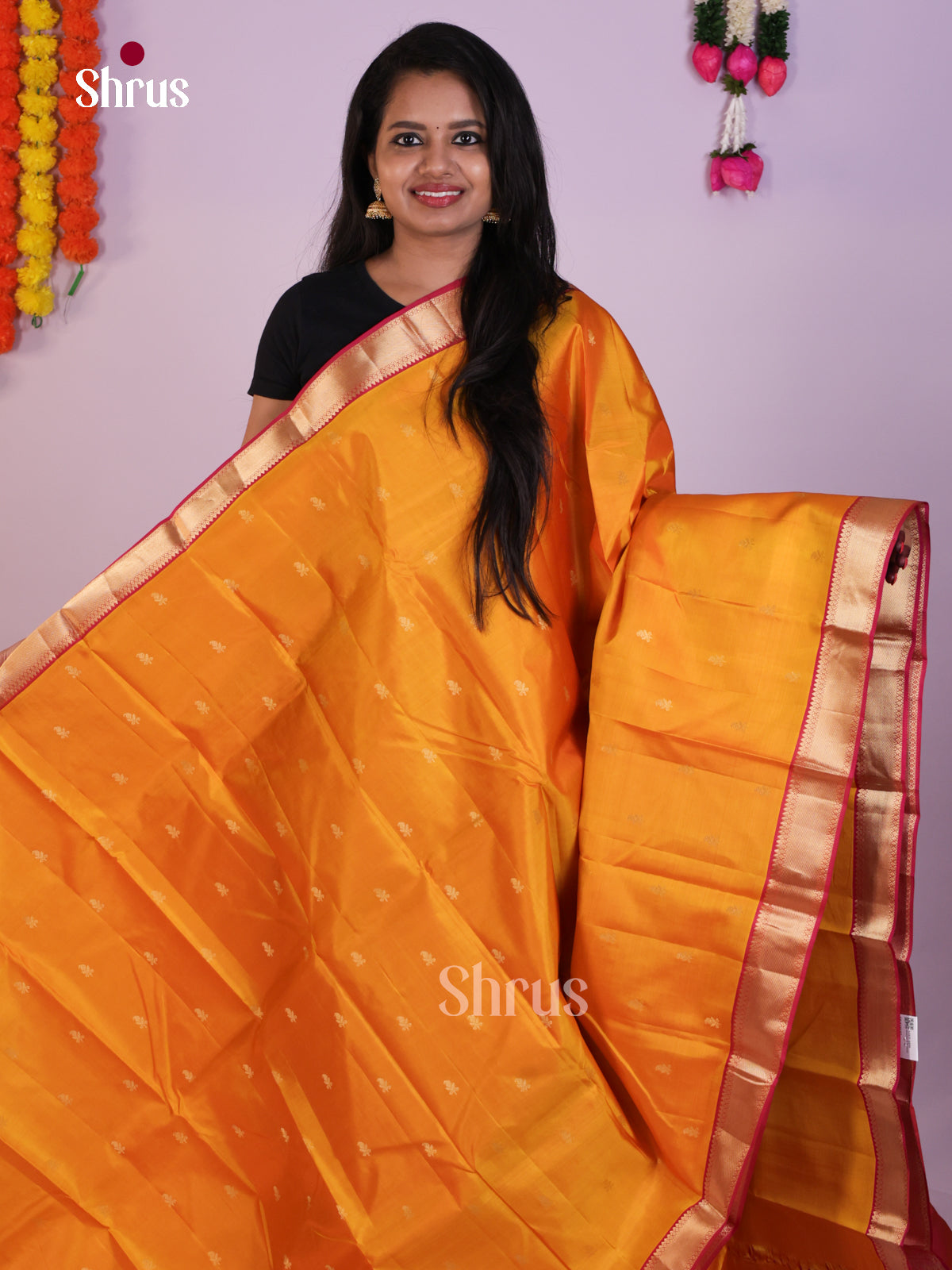 Radiant Mustard Yellow Kanjivaram Saree With Zari Buttas & Pink Pallu