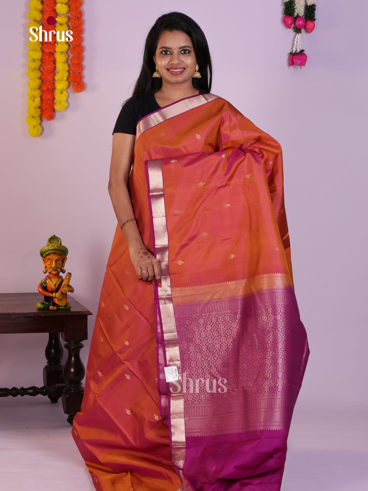 Orange Golden Kanjivaram Saree With Floral Buttas & Purple Border