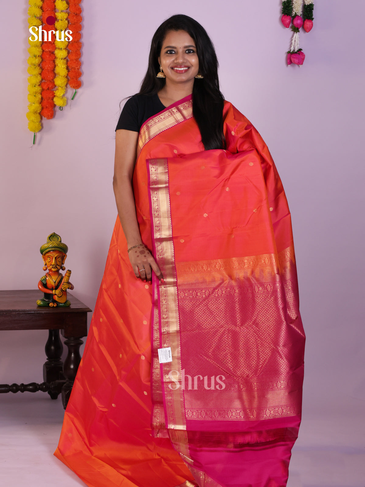 Striking Orange Kanchipuram Saree With Zari Buttas & Brocade Pallu