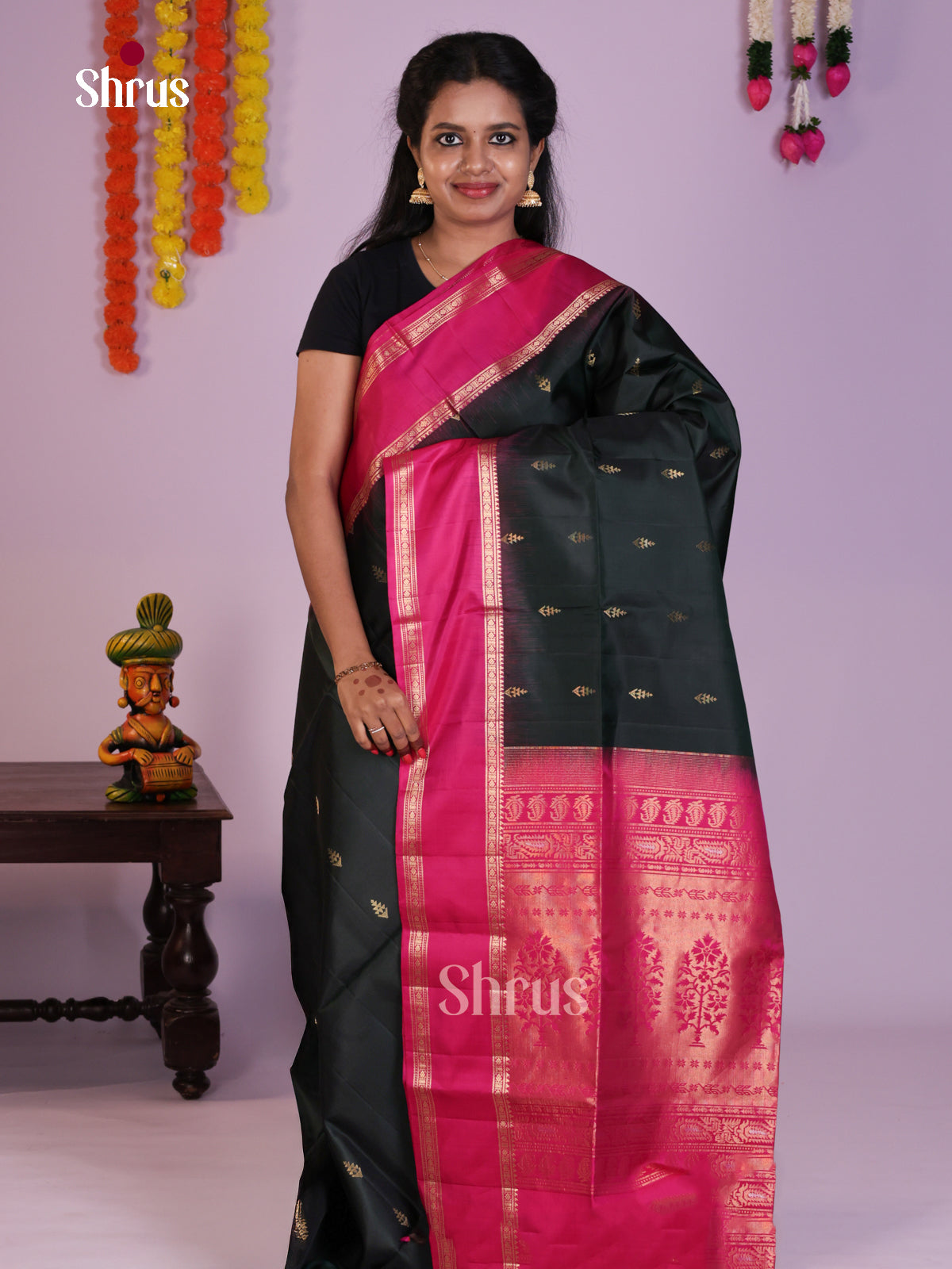 Serene Dark Green & Pink Soft Silk Saree with zari floral buttas & Rettaipet Border