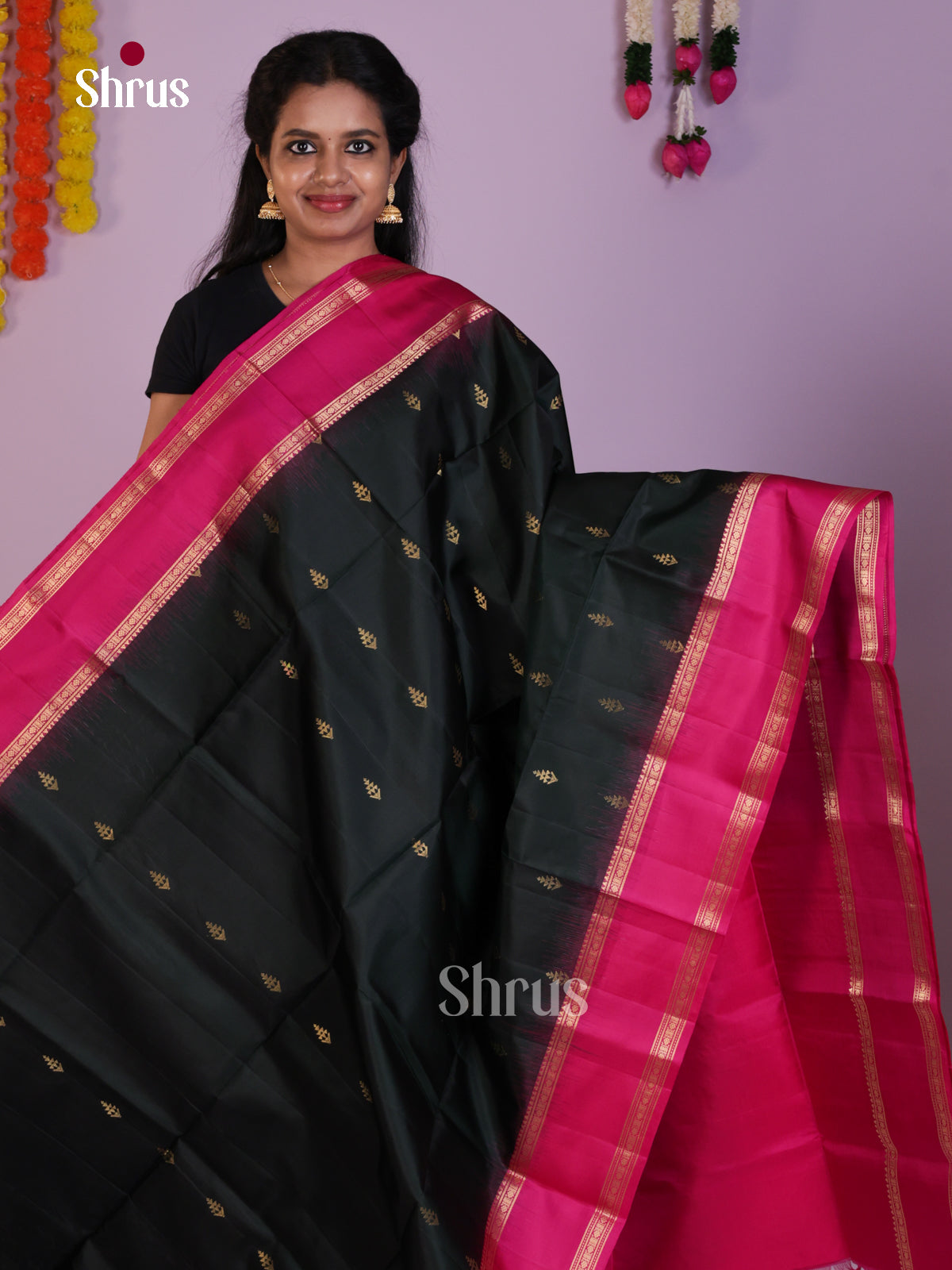 Serene Dark Green & Pink Soft Silk Saree with zari floral buttas & Rettaipet Border