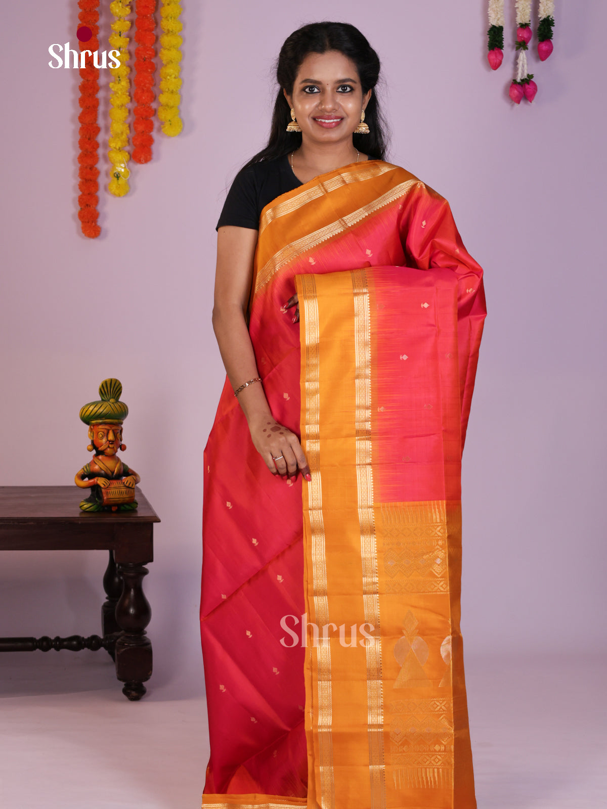 Bright Orange & Mustard Soft Silk Saree with zari buttas & rettaipet border