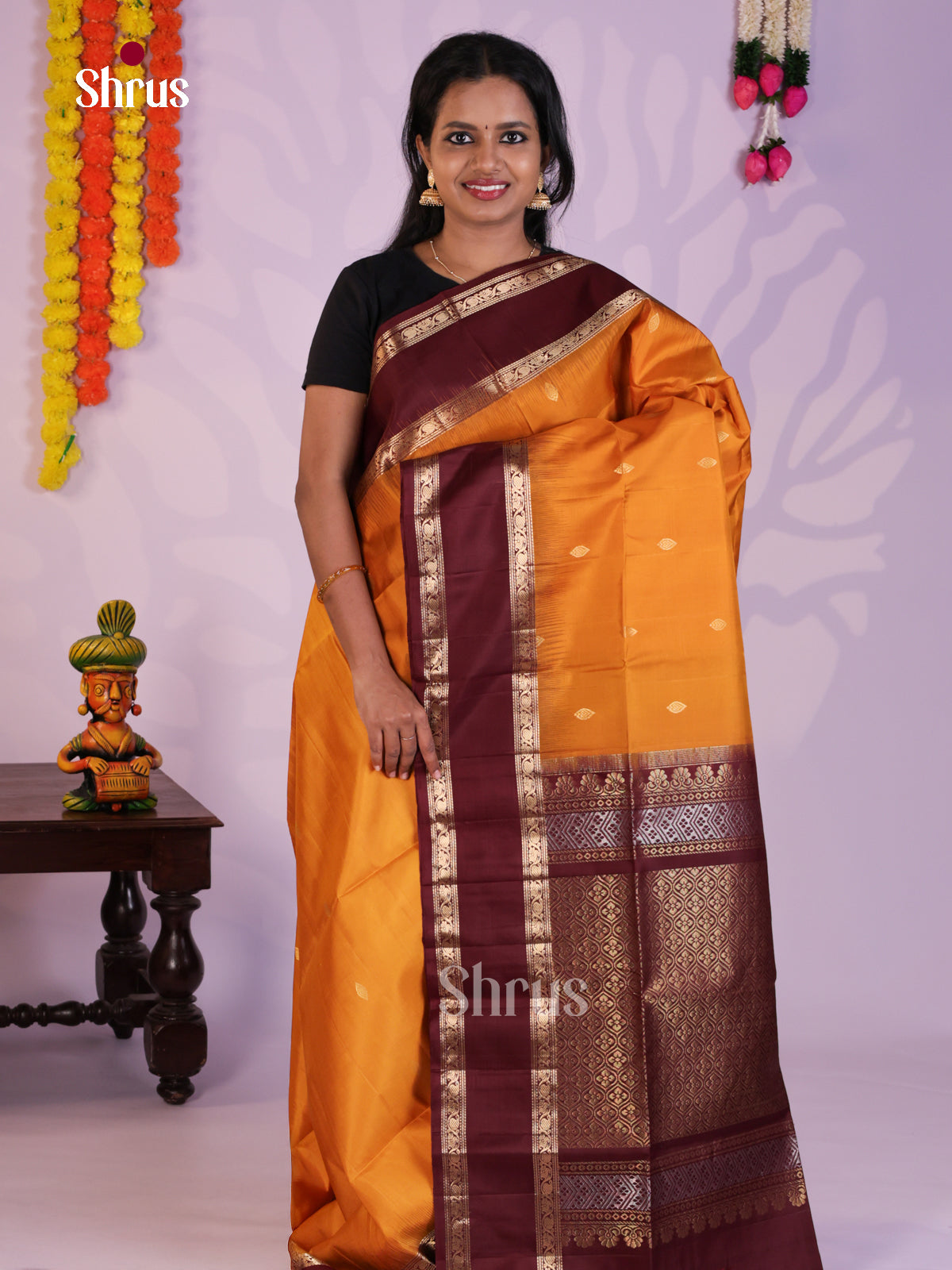 Radiant Orange & Maroon Soft Silk Saree with zari buttas & Rettaipet border - Shop on Shrus.com
