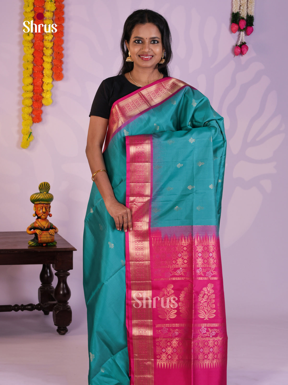 Majestic Blue & Pink Soft Silk Saree with zari buttas & traditional zari  border