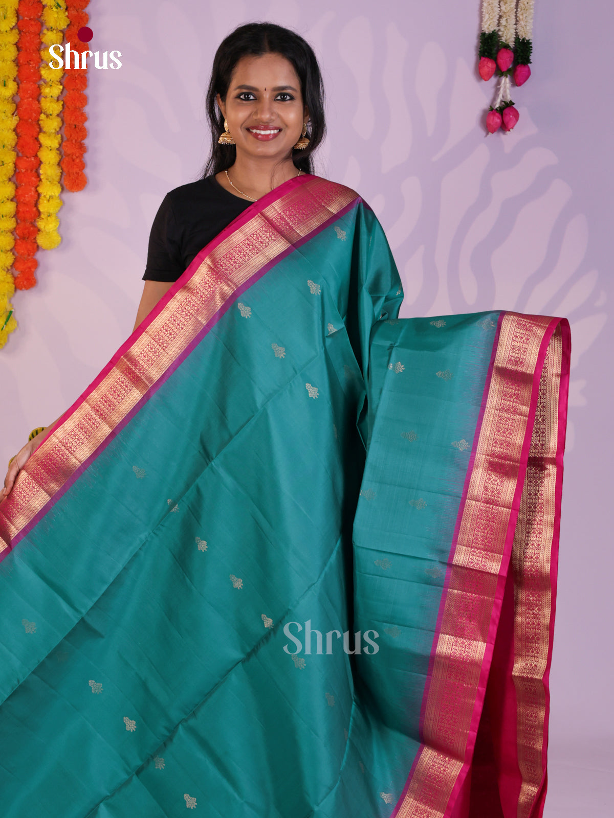 Majestic Blue & Pink Soft Silk Saree with zari buttas & traditional zari  border