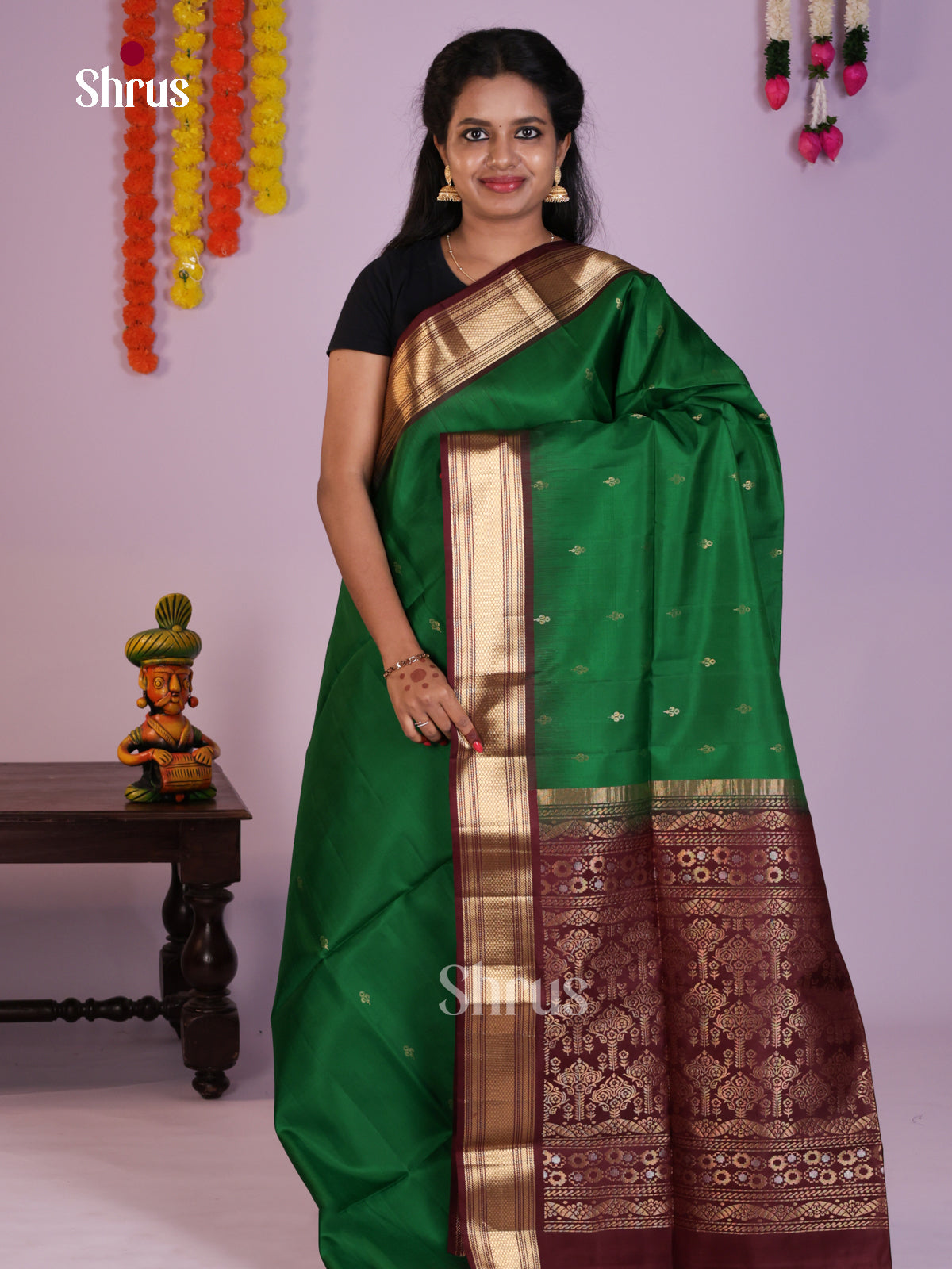 Classic Green & Maroon Soft Silk  Saree with zari buttas & rich border