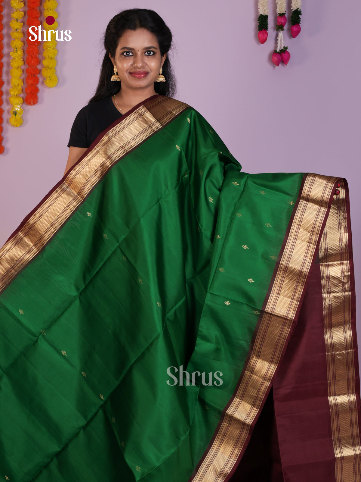 Classic Green & Maroon Soft Silk  Saree with zari buttas & rich border