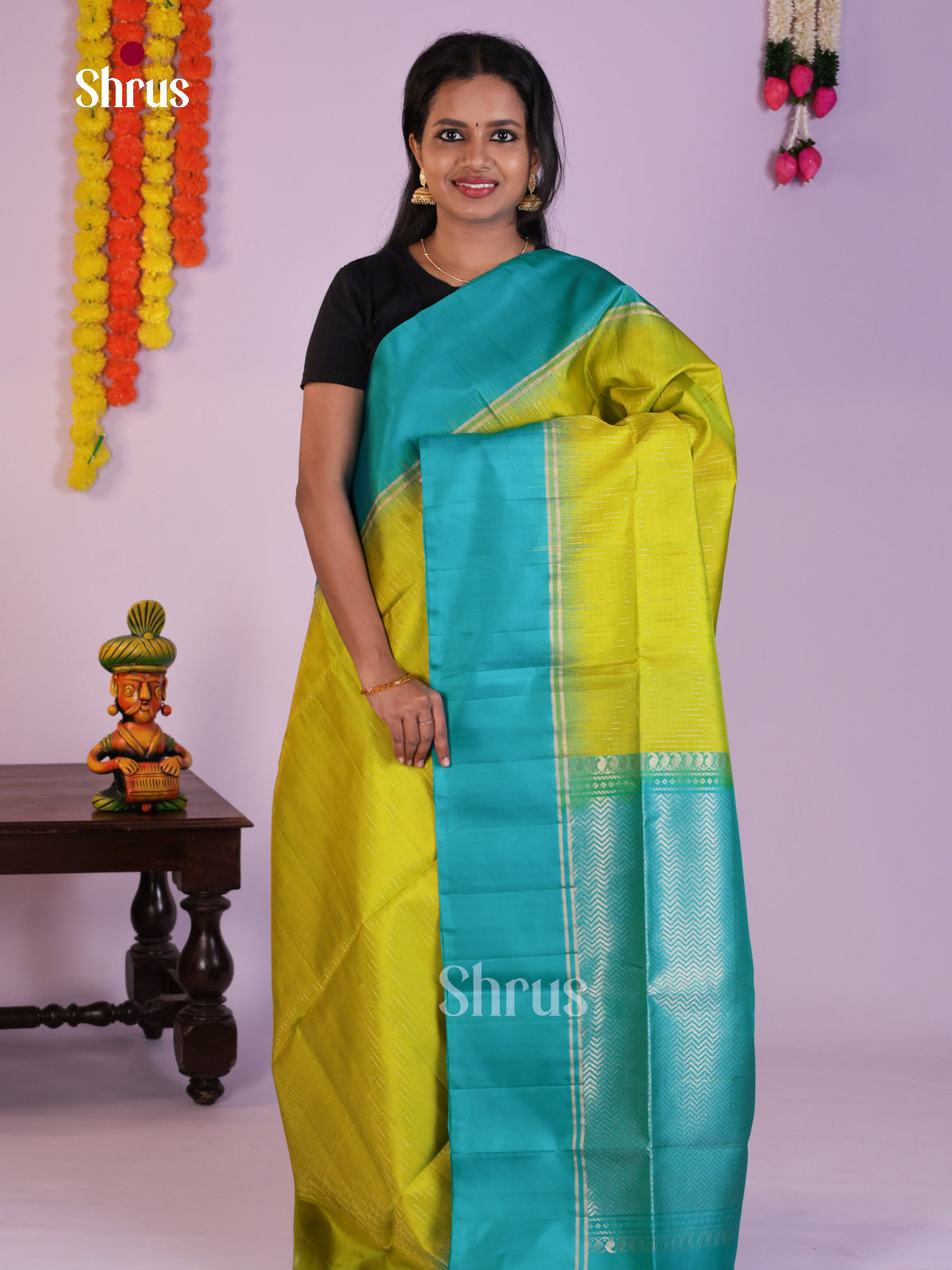 Charming Light Green & Teal  Soft Silk Saree with zari stripes & brocade pallu - Shop on Shrus.com