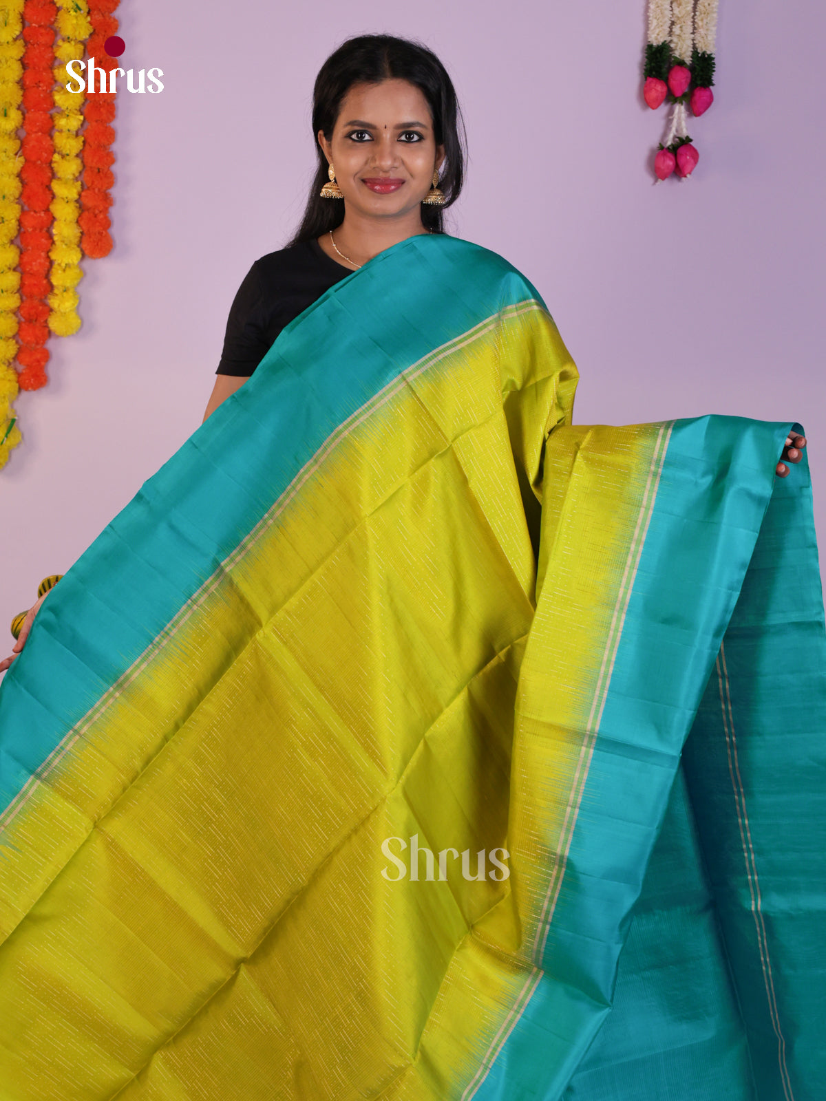 Charming Light Green & Teal  Soft Silk Saree with zari stripes & brocade pallu - Shop on Shrus.com