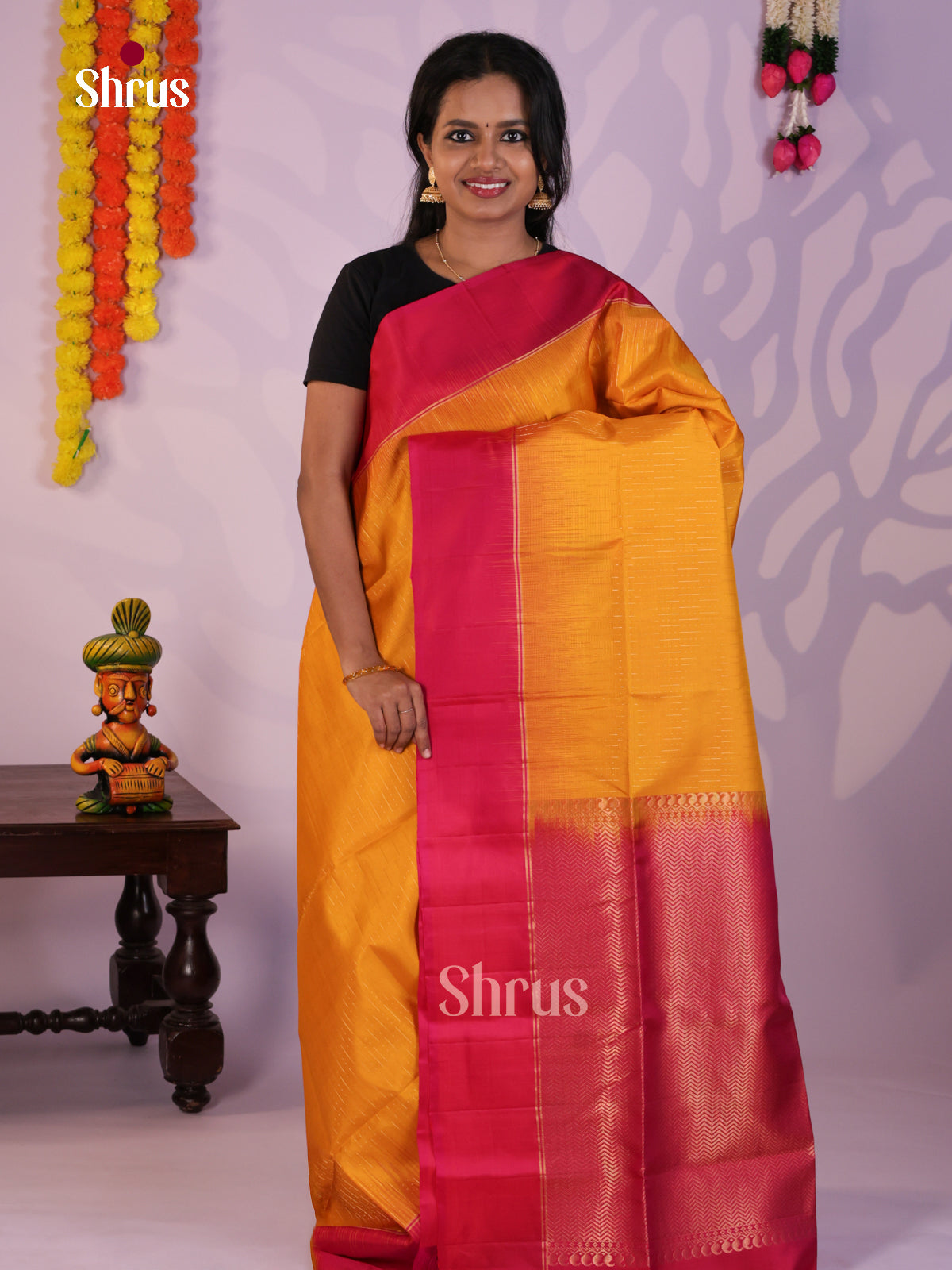 Luminous Mambazha Yellow & Red  Soft Silk  Saree with zari stripes & Brocade pallu