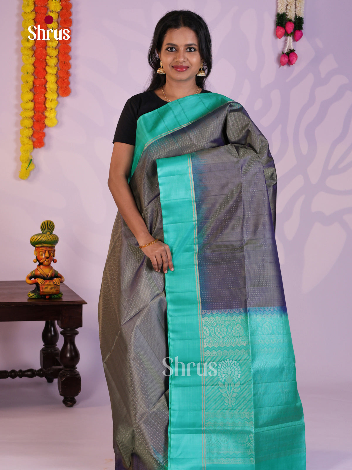 Beautiful Elephant Black & Blue Soft Silk  Saree with zari stripes & Brocade pallu