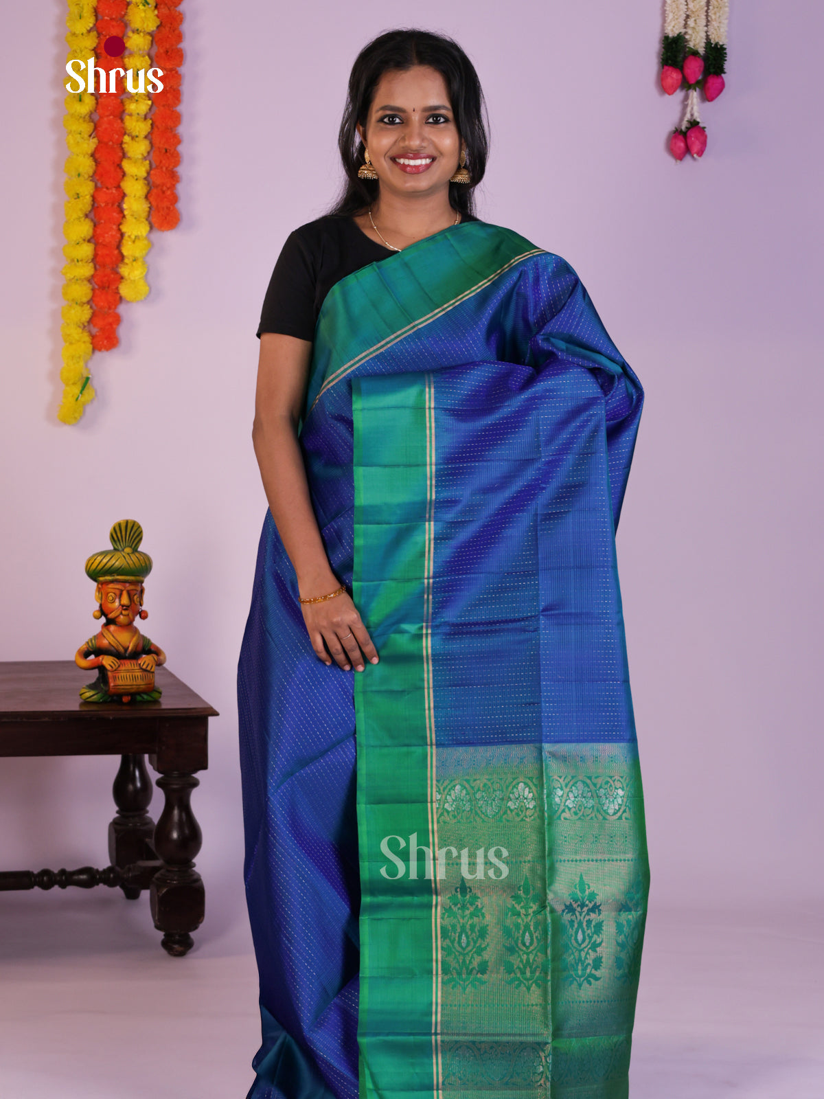 Graceful Blue & Green Soft Silk Saree with zari stripes & brocade pallu - Shop on Shrus.com