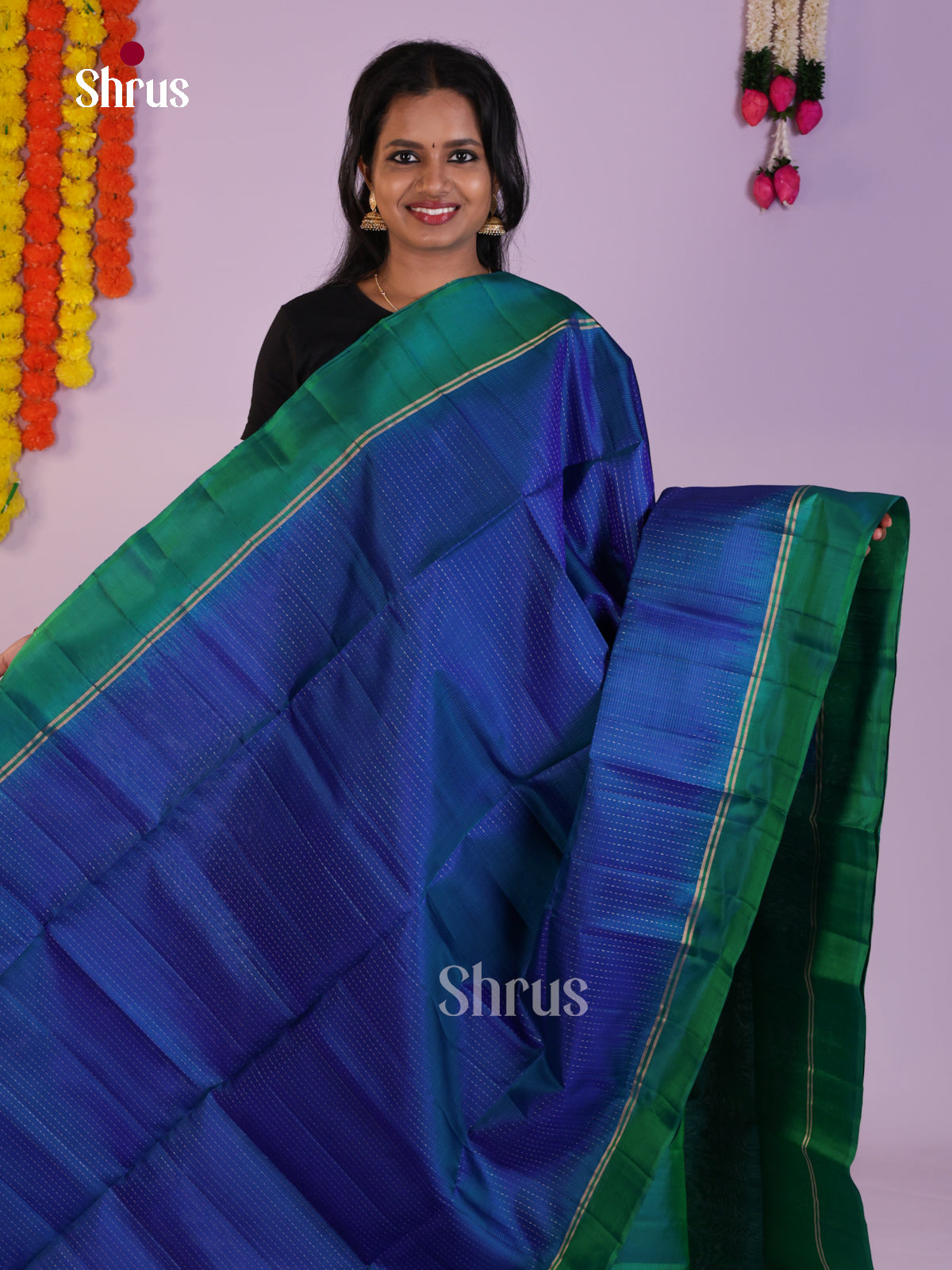 Graceful Blue & Green Soft Silk Saree with zari stripes & brocade pallu - Shop on Shrus.com