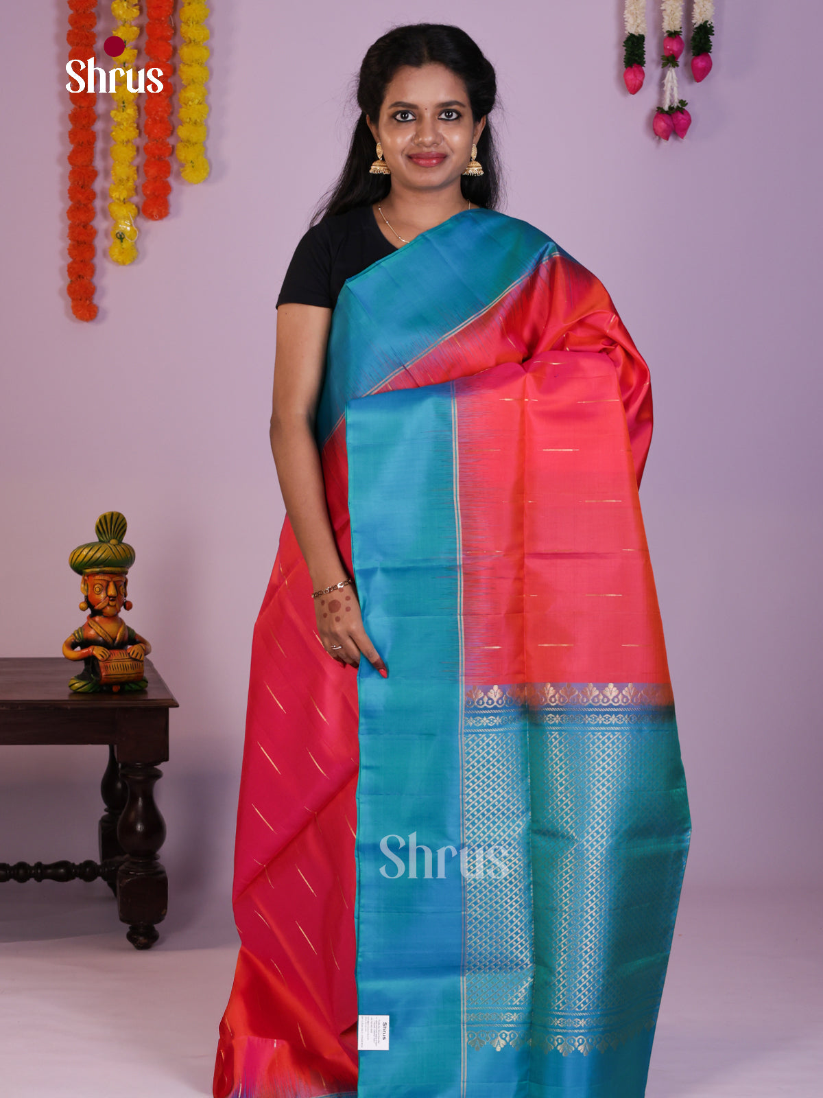 Exquisite Orangish Pink & Blue Soft Silk  Saree with zari stripes buttas & Brocade pallu