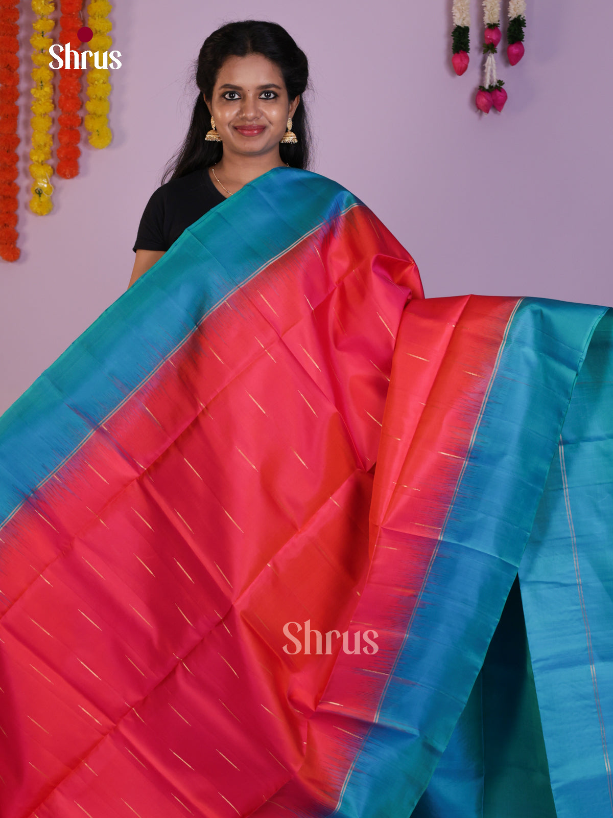 Exquisite Orangish Pink & Blue Soft Silk  Saree with zari stripes buttas & Brocade pallu