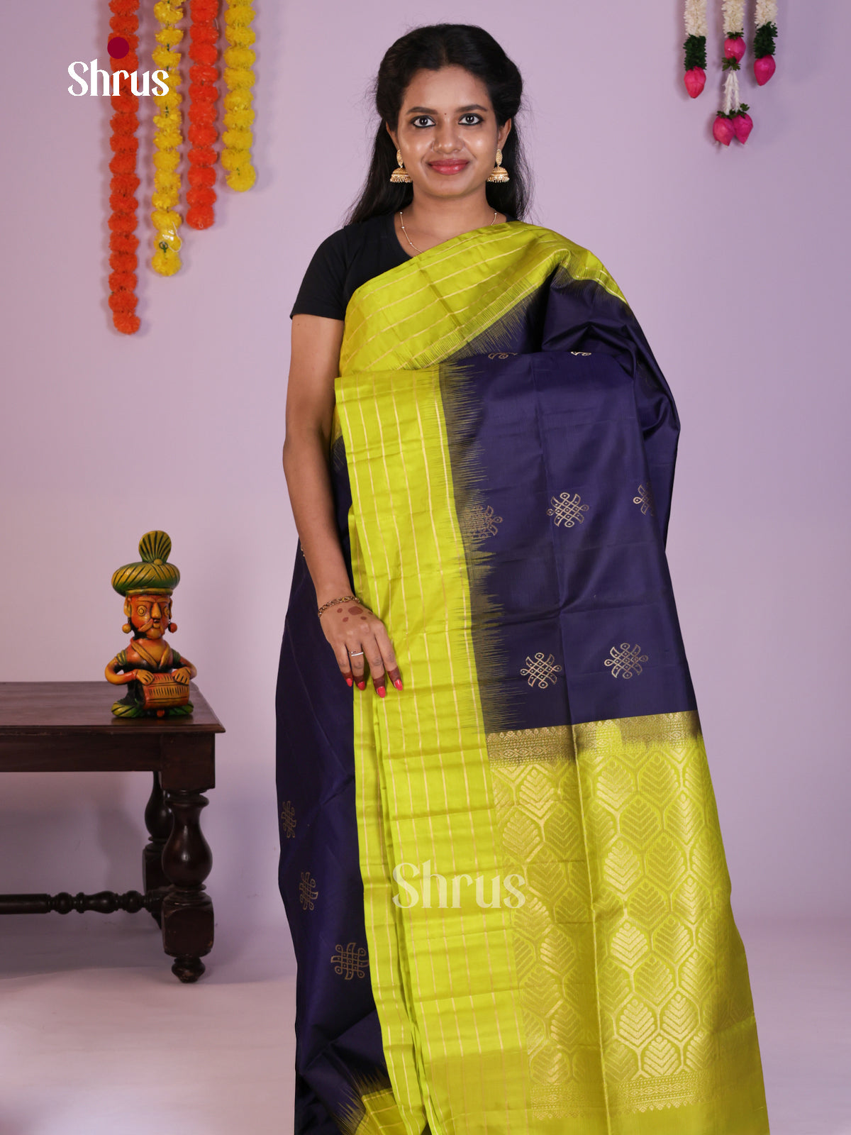 Vibrant Blue & Light Green  Soft Silk Saree with zari kolam buttas & brocade pallu