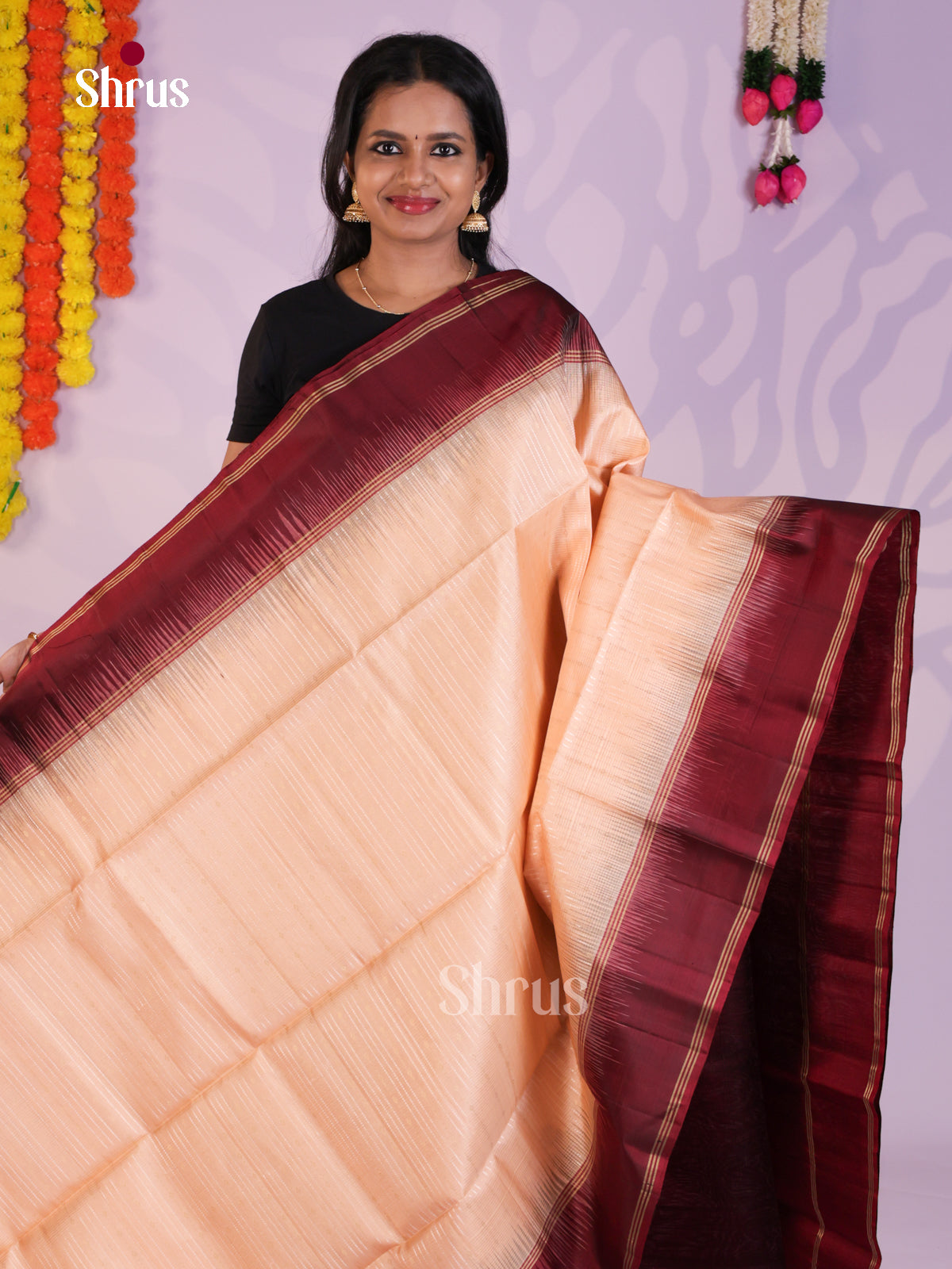 Pretty Peach  with maroon Soft Silk Saree gleams with zari stripes & brocade  pallu