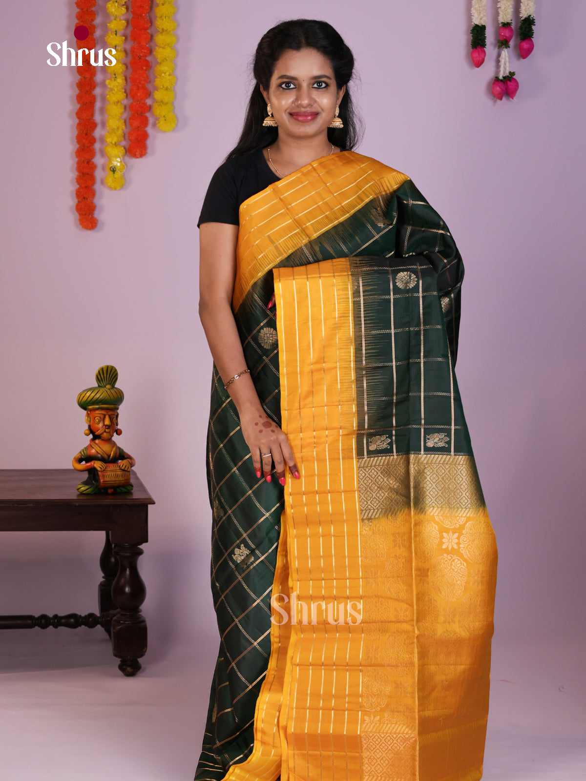 Classy Green & Mustard Soft Silk  Saree gleams with zari checks, floral motifs - Shop on Shrus.com