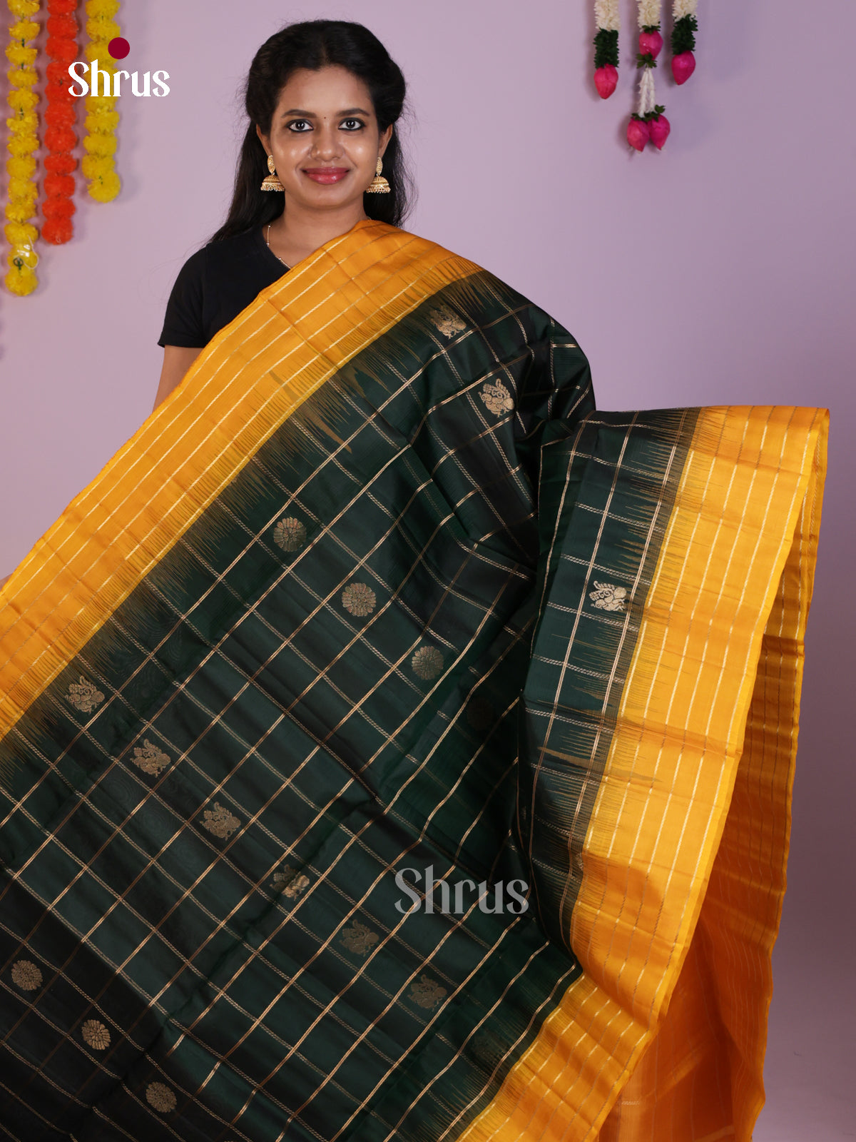 Classy Green & Mustard Soft Silk  Saree gleams with zari checks, floral motifs - Shop on Shrus.com