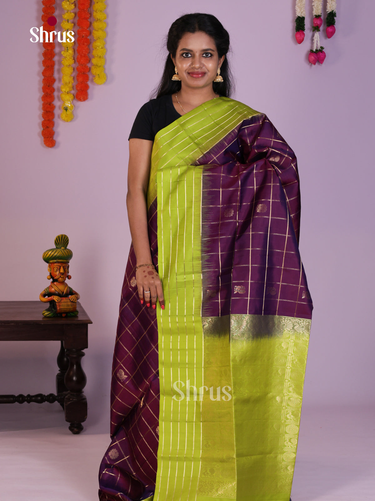 Majestic Violet & Green Soft Silk Saree with zari checks , peacock, floral buttas