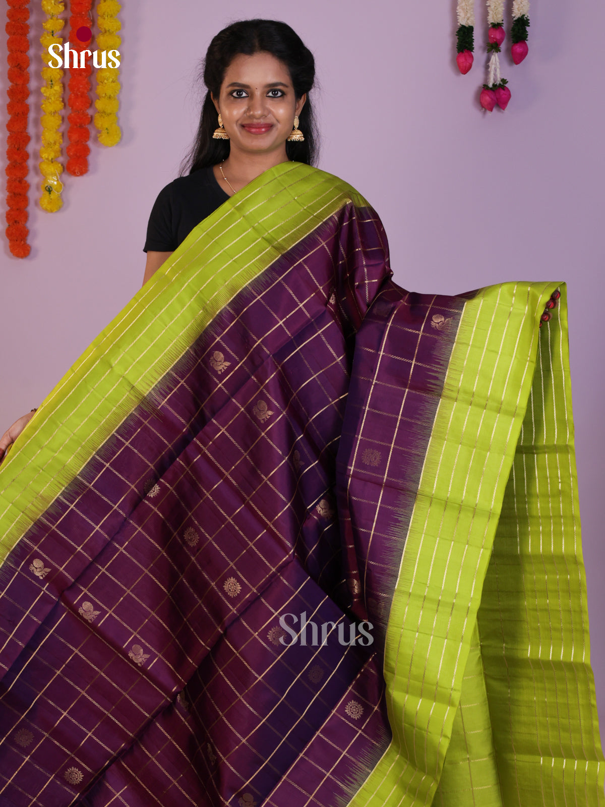 Majestic Violet & Green Soft Silk Saree with zari checks , peacock, floral buttas