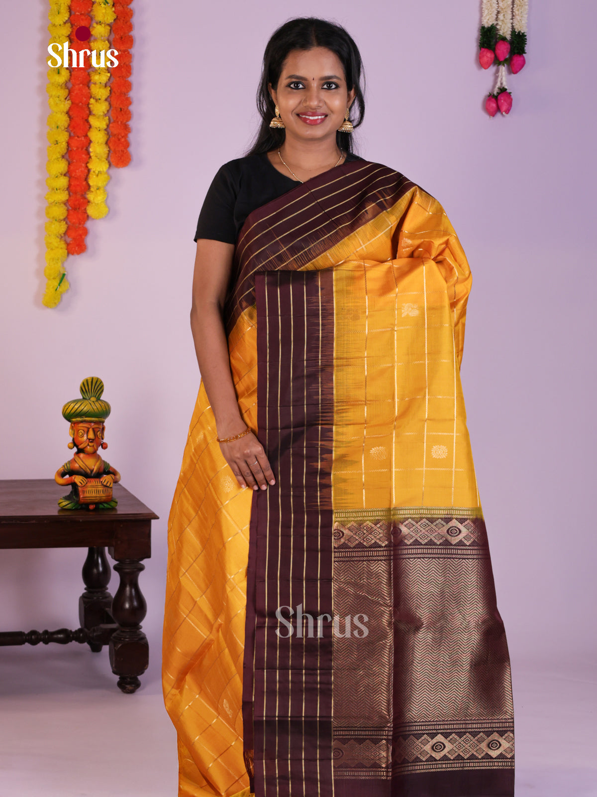 Glorious Mustard & brown Soft Silk Saree with zari checks , peacock buttas - Shop on Shrus.com