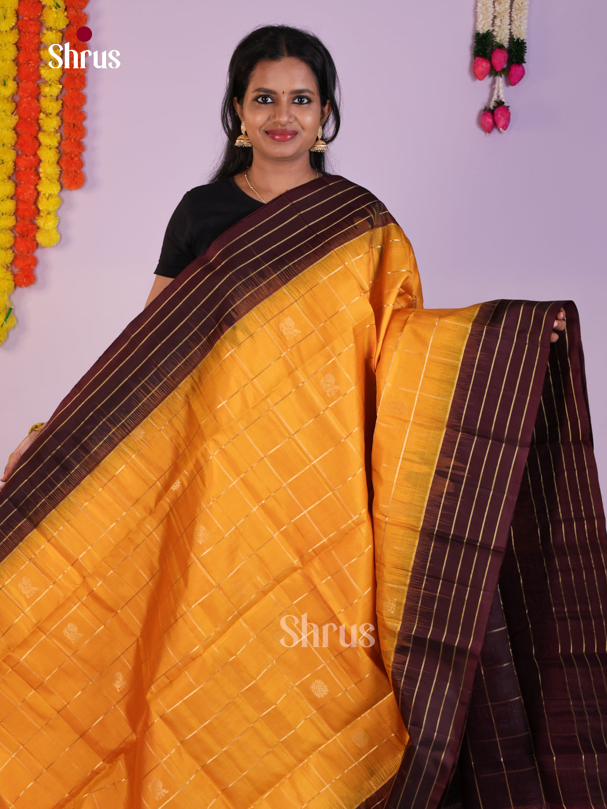 Glorious Mustard & brown Soft Silk Saree with zari checks , peacock buttas - Shop on Shrus.com