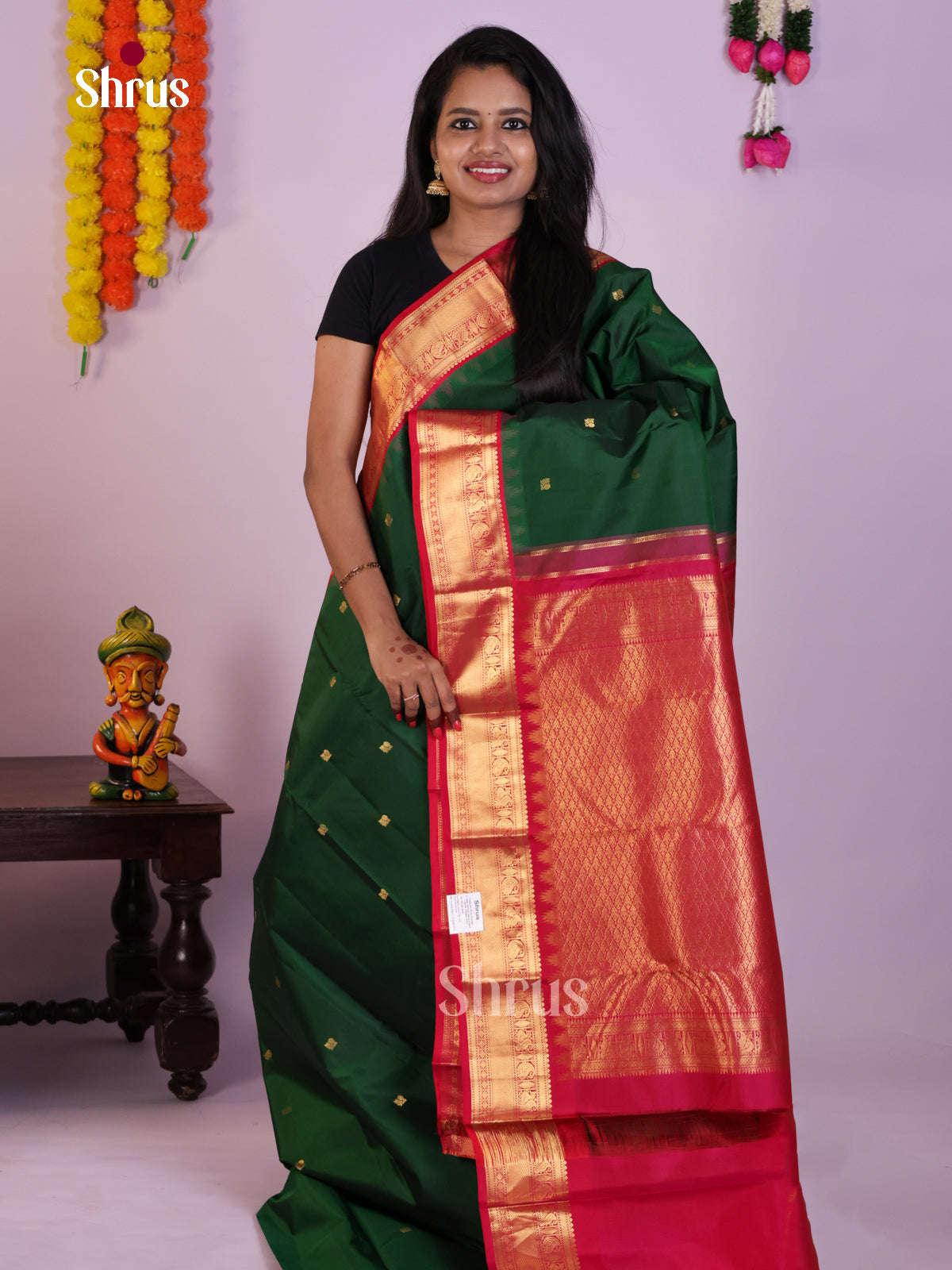 Traditional Dark Green Kanjivaram Silk Saree With Gold Buttas & Red Brocade Pallu