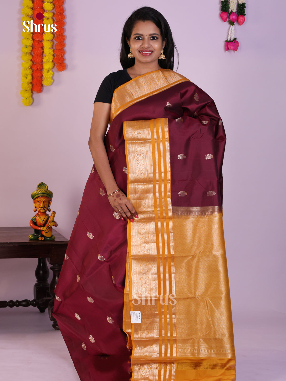 Exquisite Maroon Kanjivaram Saree with Golden Floral Motifs & Mustard Zari Border