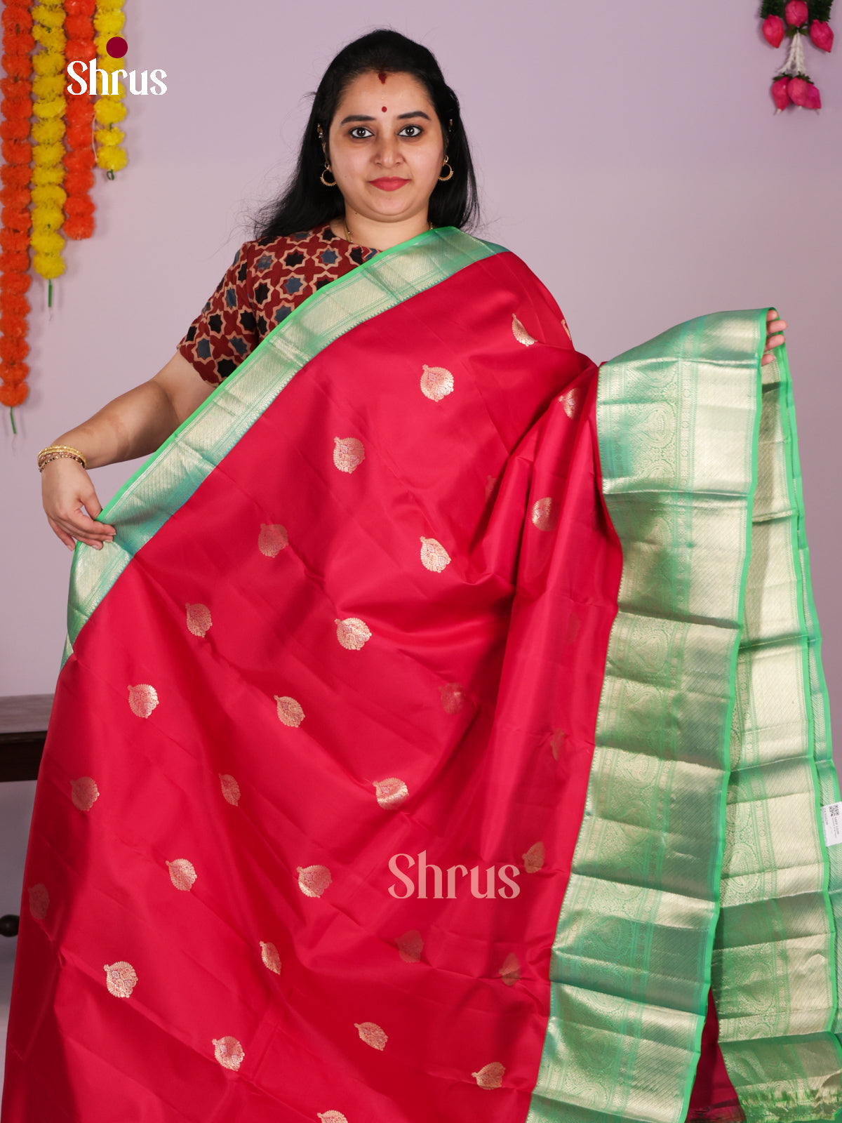 Lustrous Crimson Red Wedding Saree With Sea Green Zari Border