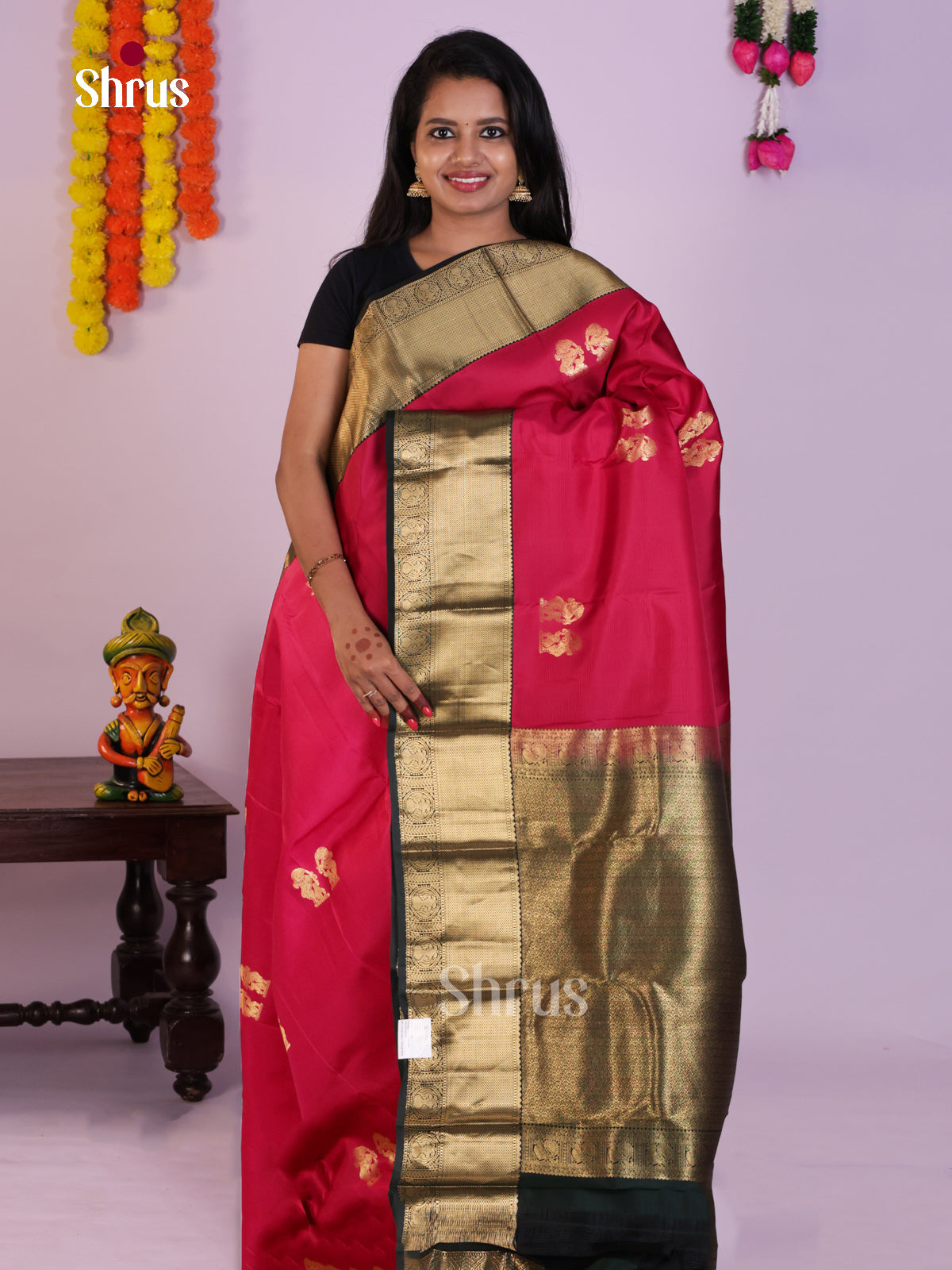 Exquisite Rose Pink Kanchipuram Saree With Mythical Bird Motifs & Dark Green Zari Pallu