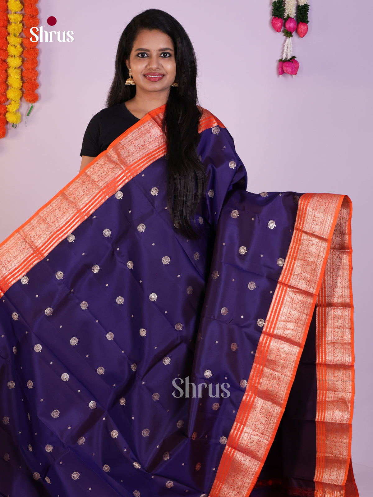 Royal Blue Silk Saree With Zari Buttas & Orange Brocade Pallu