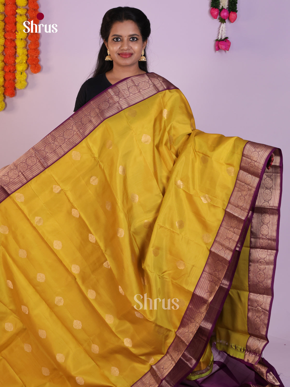Radiant Yellow Silk Saree With Gold Buttas & Purple Zari Pallu