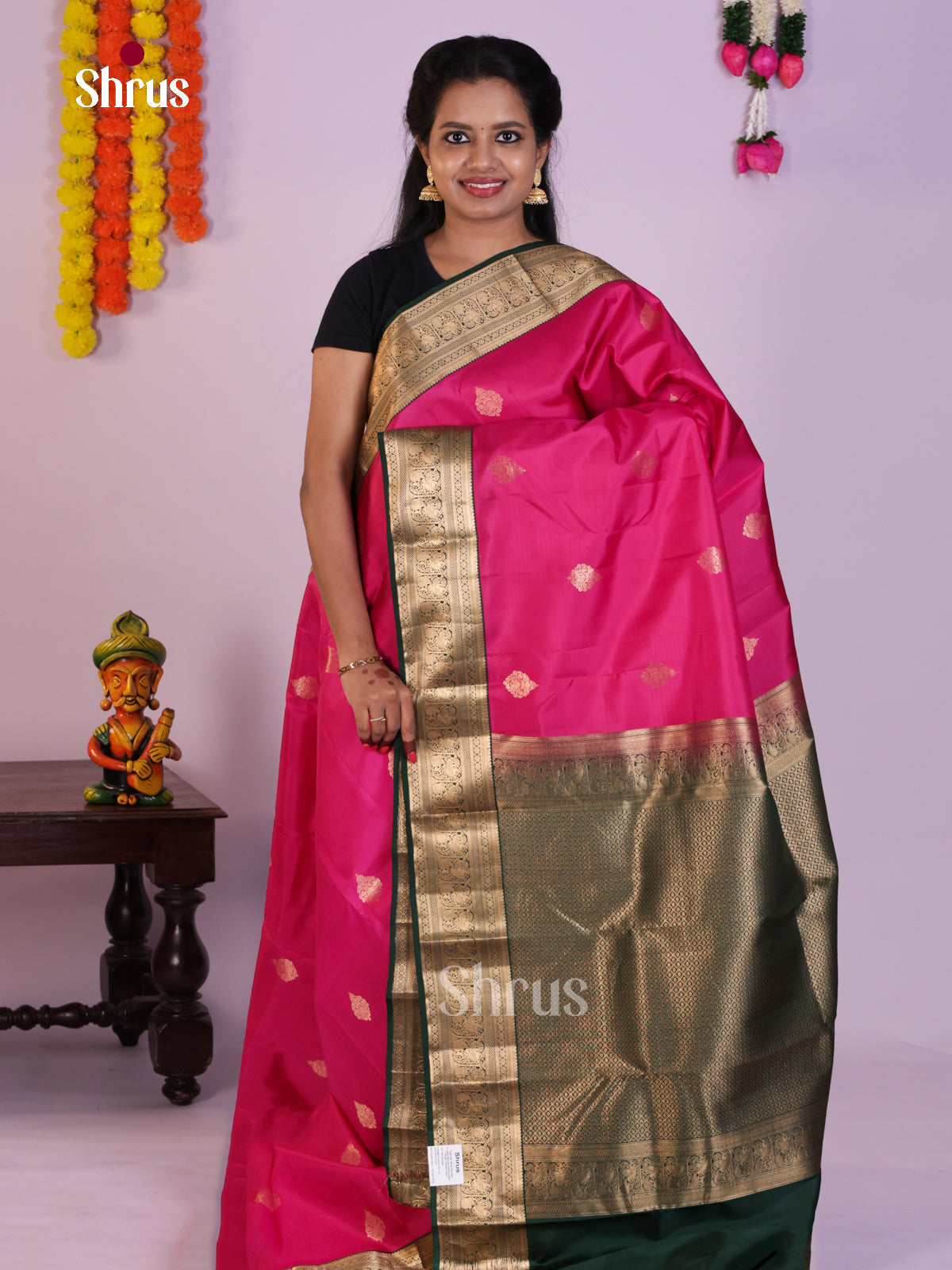 Radiant Rani Pink Kanjivaram Saree with Gold Motifs & Green Zari Pallu