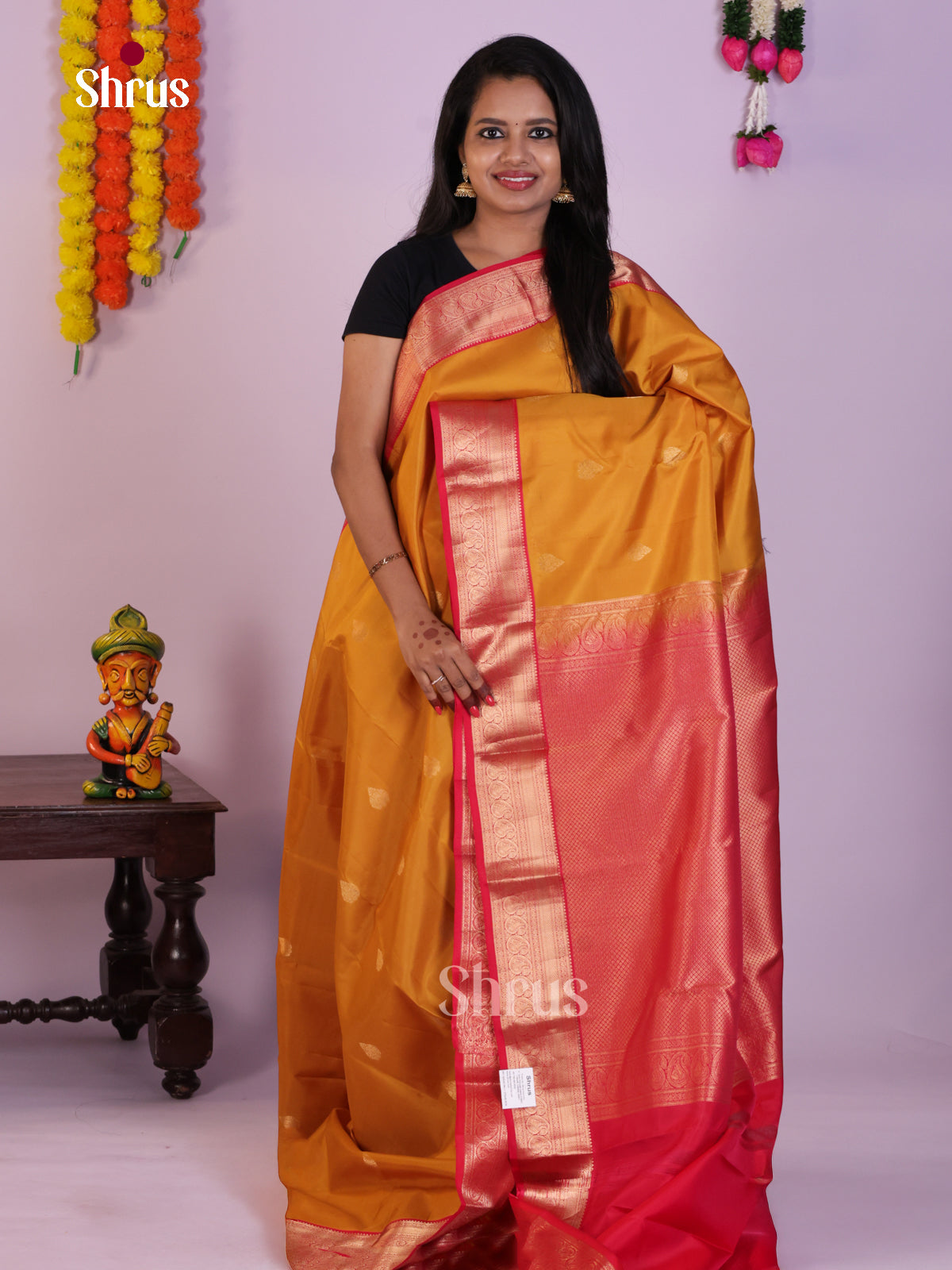 Majestic Mustard Kanjivaram Saree with Gold Buttas & Red Zari Pallu