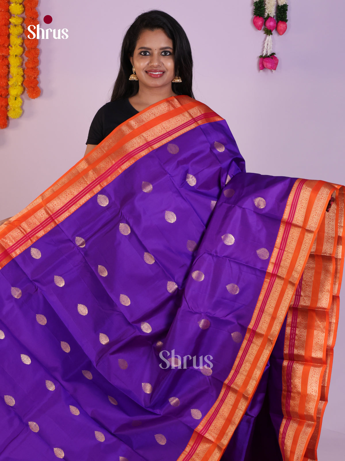 Majestic Purple Silk Saree With Gold Motifs & Orange Rettaipet Border