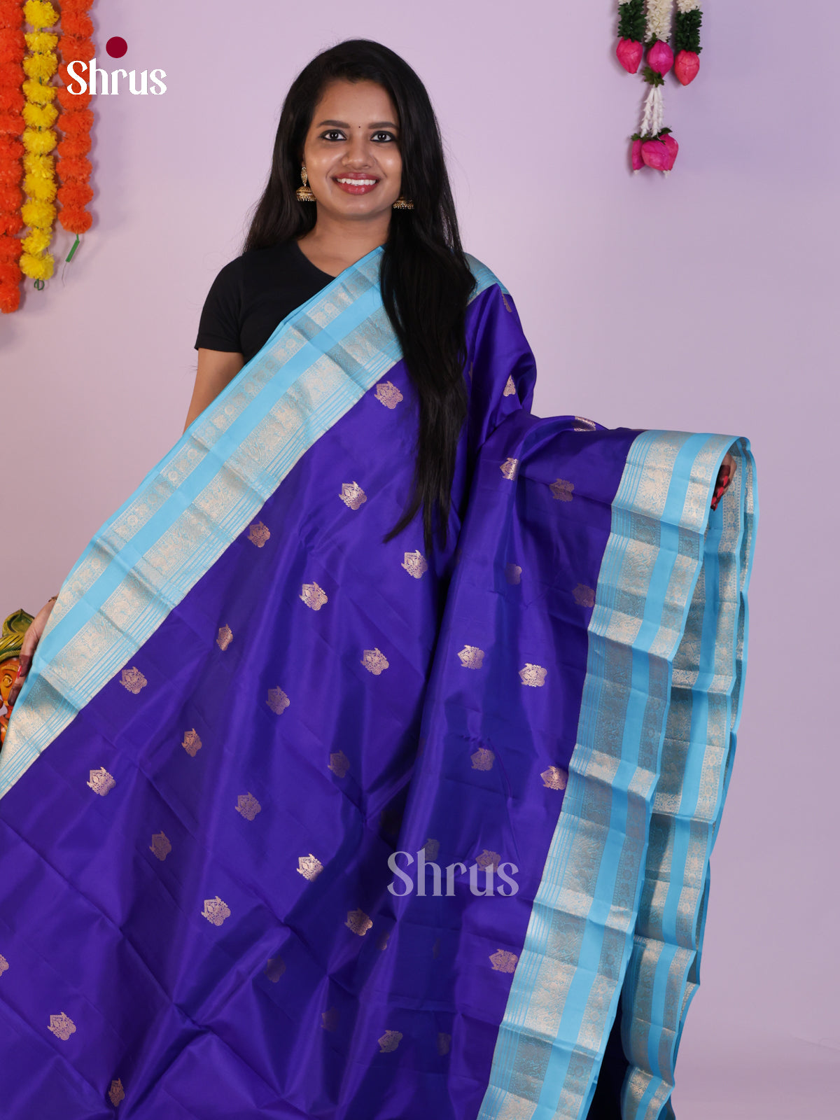 Royal Blue Silk Saree with Zari Buttas & Light Blue Rettaipet Border