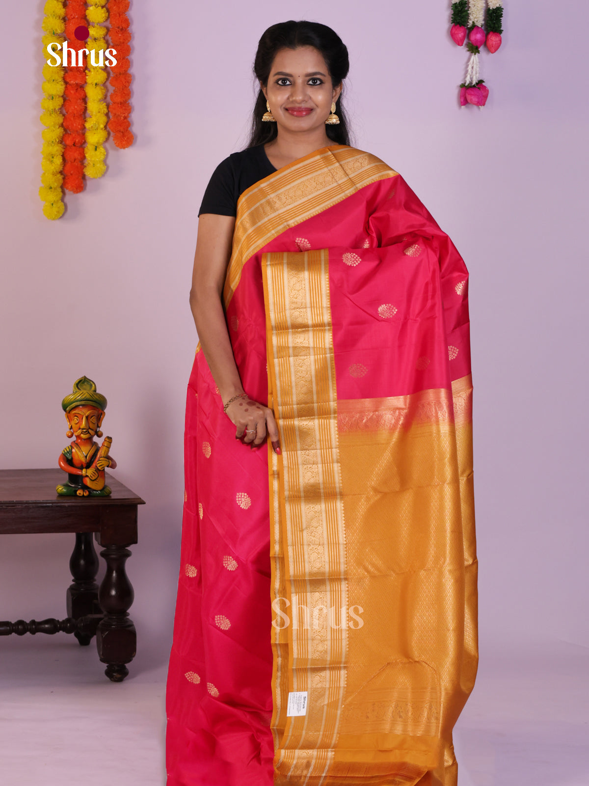Radiant Pink Wedding Saree With Golden Motifs & Mustard Rettaipet Border