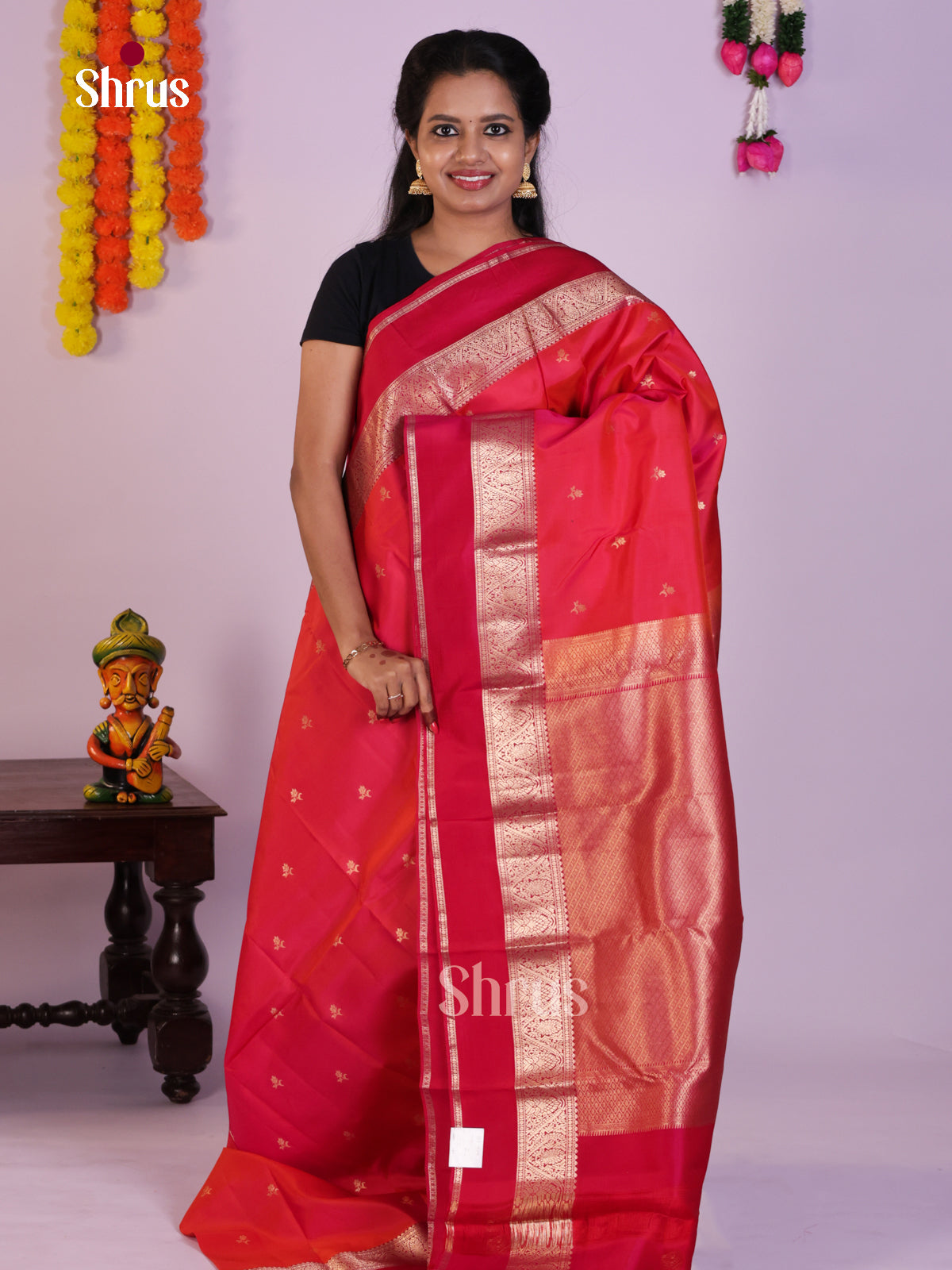 Classic Red Pattu Saree With Golden Floral Buttas & Rettaipet Zari Border
