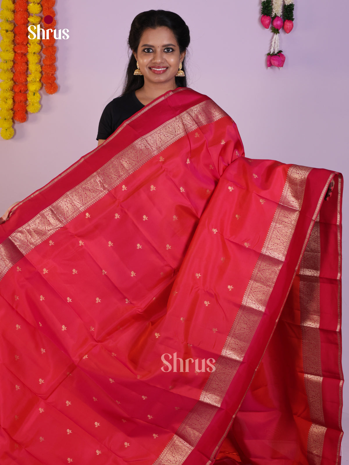 Classic Red Wedding Saree With Golden Floral Buttas & Rettaipet Zari Border