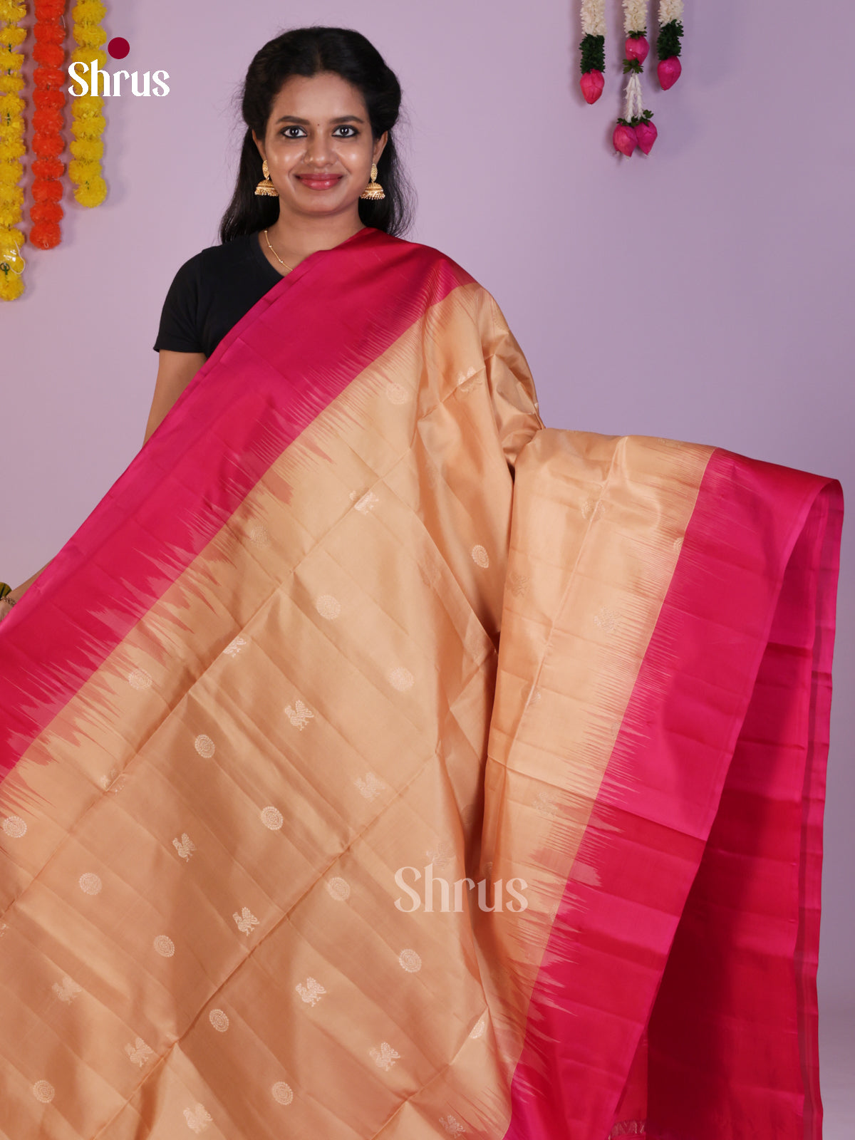 Lustrous Peach &Pink Soft Silk Saree with zari peacock , floral & brocade pallu