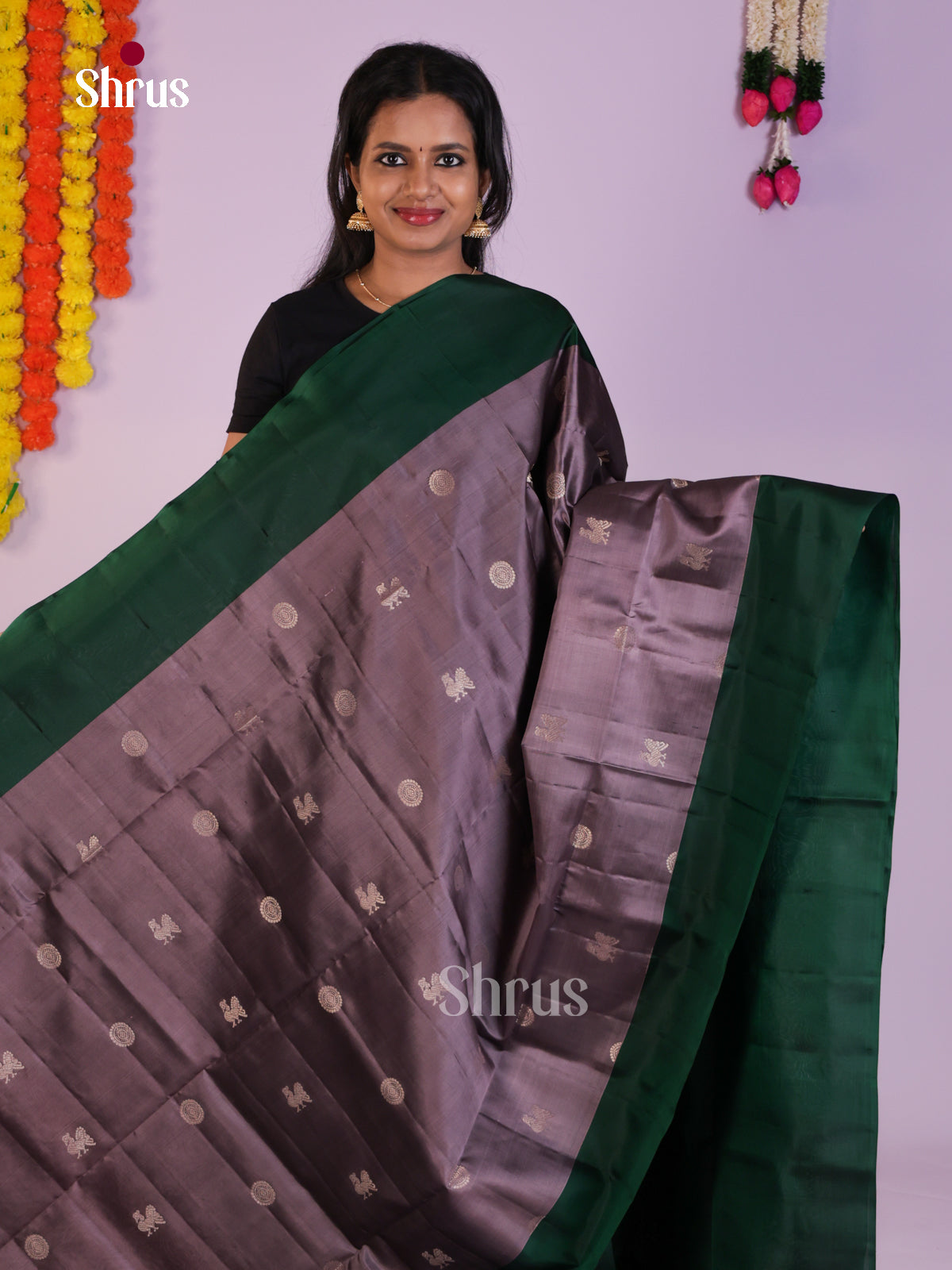 Cherming Lilac & Green Soft Silk  Saree with zari peacock , floral buttas