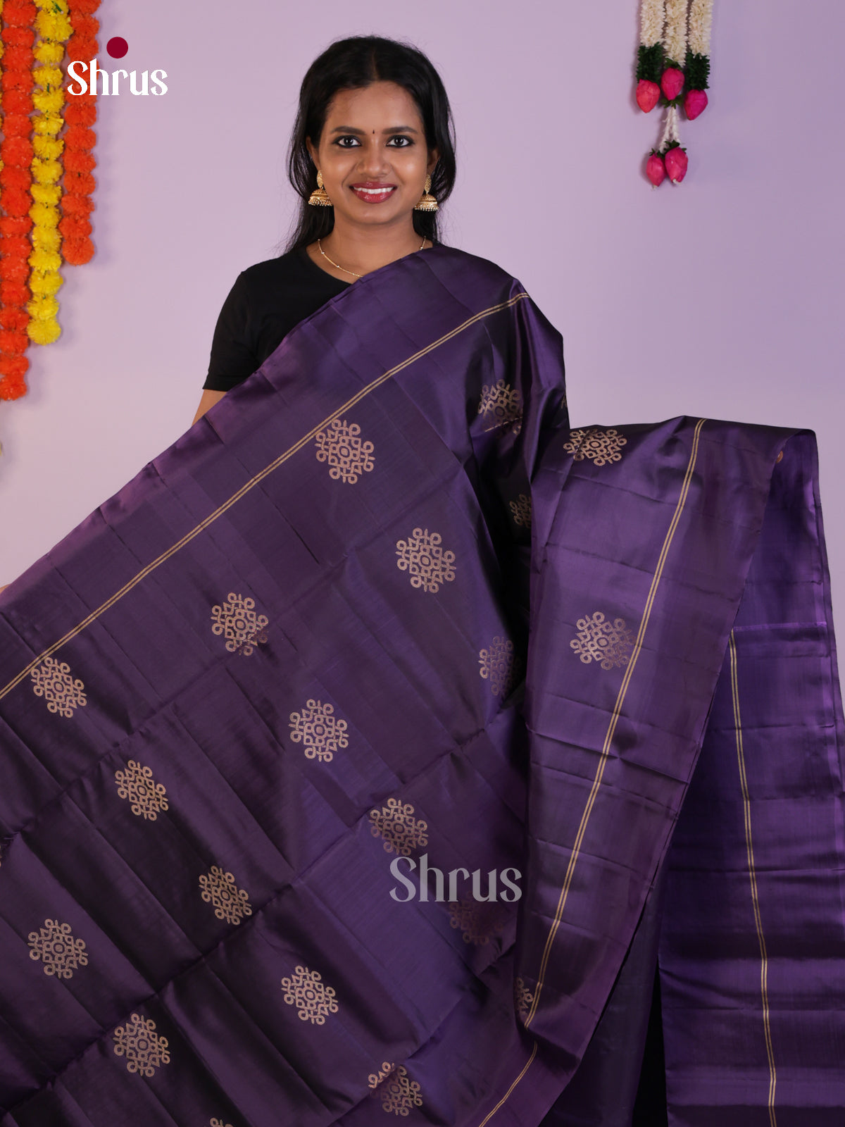 Beautifully Chic Violet Soft Silk  Saree gleams with zari kolam motifs - Shop on Shrus.com