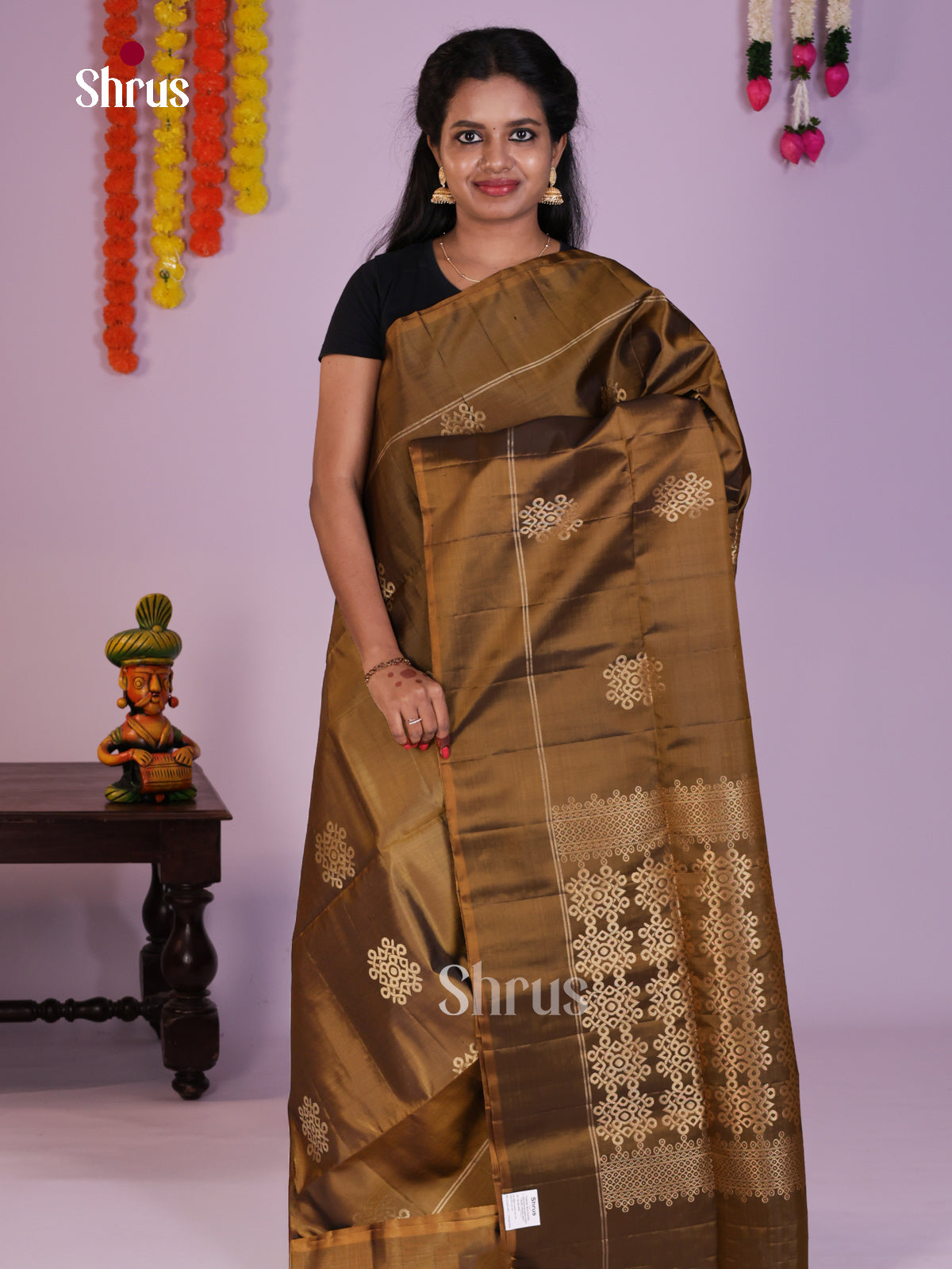 Radiant Golden Brown Single Tone Soft Silk  Saree with kolam motifs & brocade pallu