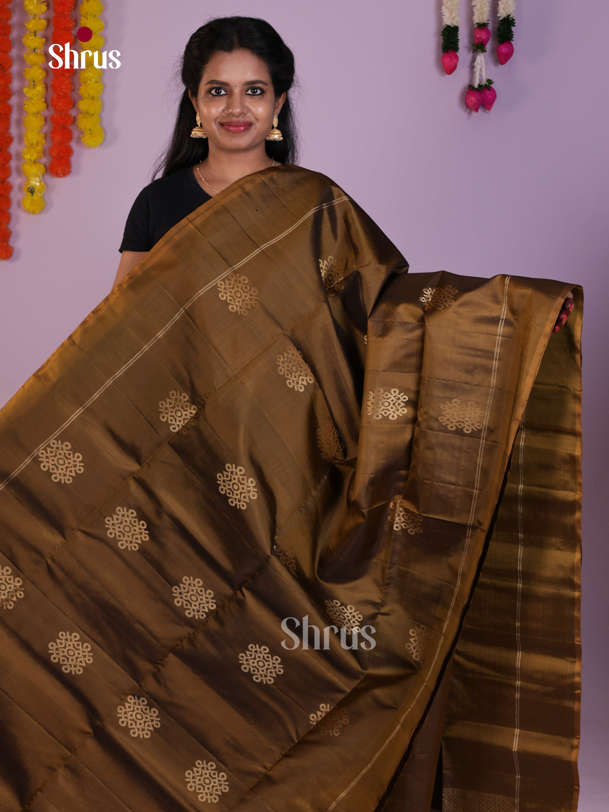Radiant Golden Brown Single Tone Soft Silk  Saree with kolam motifs & brocade pallu